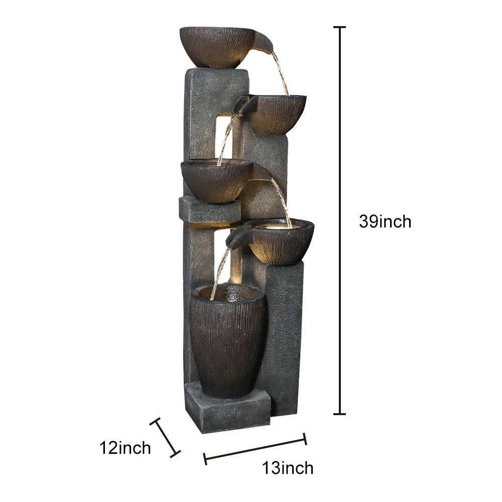 39"H- Tiered Pots Garden Outdoor Fountain with Warm LED Lights