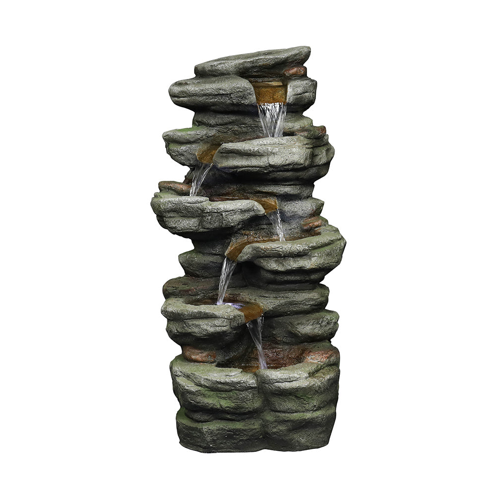 30.7"H- Tiered Rock Garden Outdoor Fountain with White LED Lights