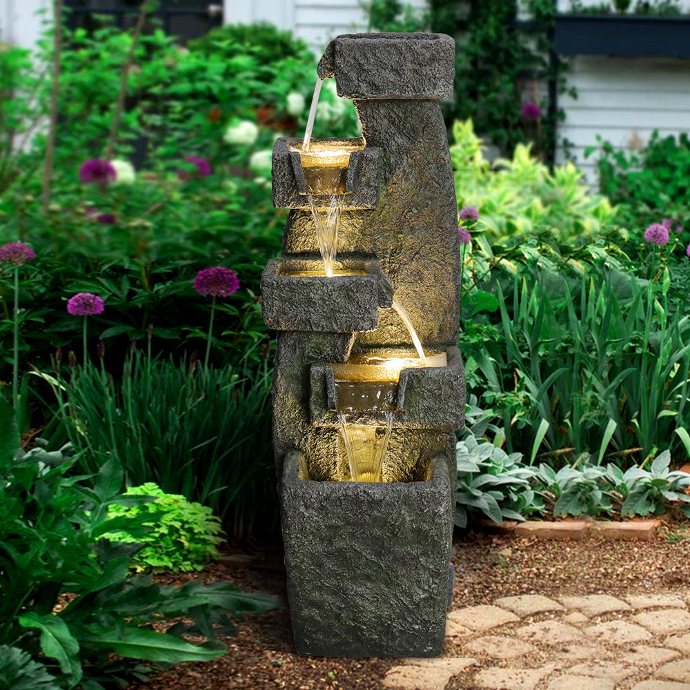 Resin Tiered Outdoor Fountain 5 Tier Modern LED lit at night