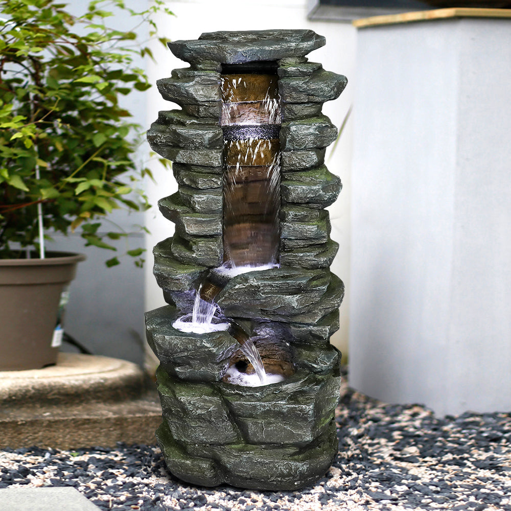 31.4"H Stacked Shale Garden Outdoor Fountain with White LED Lights