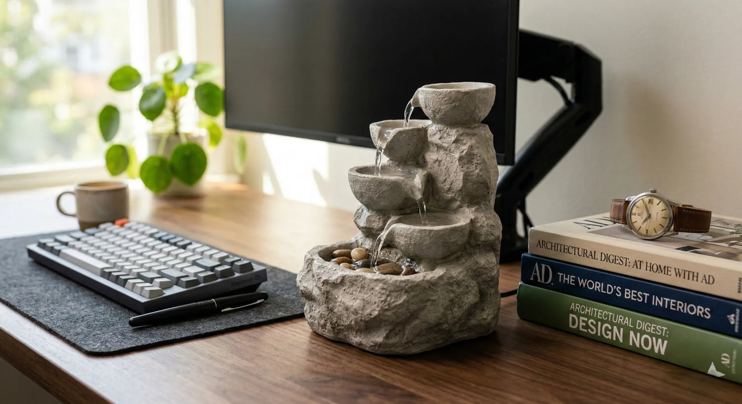 10-inch light gray 4-bowl cascading tabletop fountain with warm LED lighting on a luxury dark wood desk.
