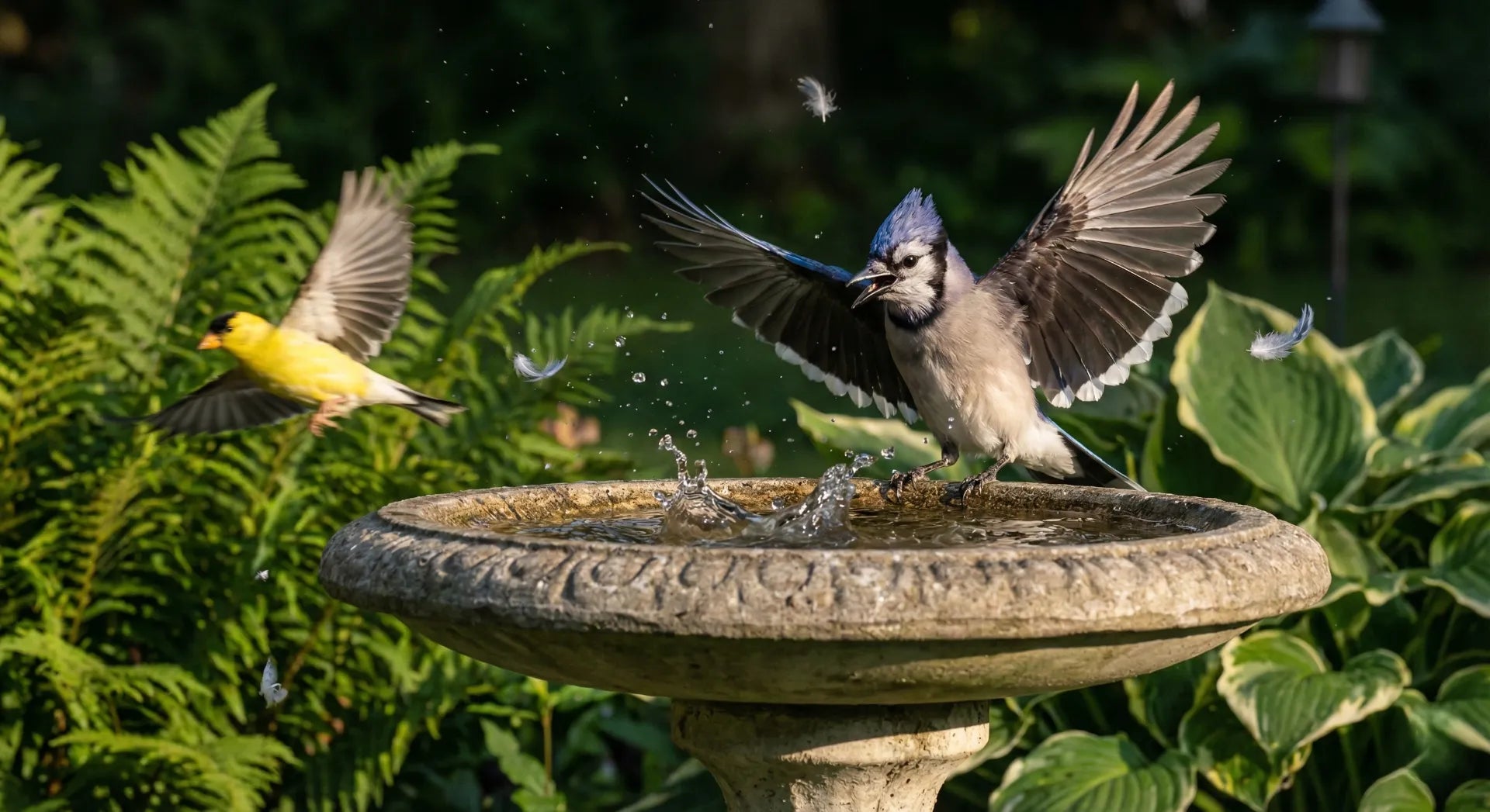 A Blue Jay chasing smaller birds away from a bird bath, illustrating the pecking order