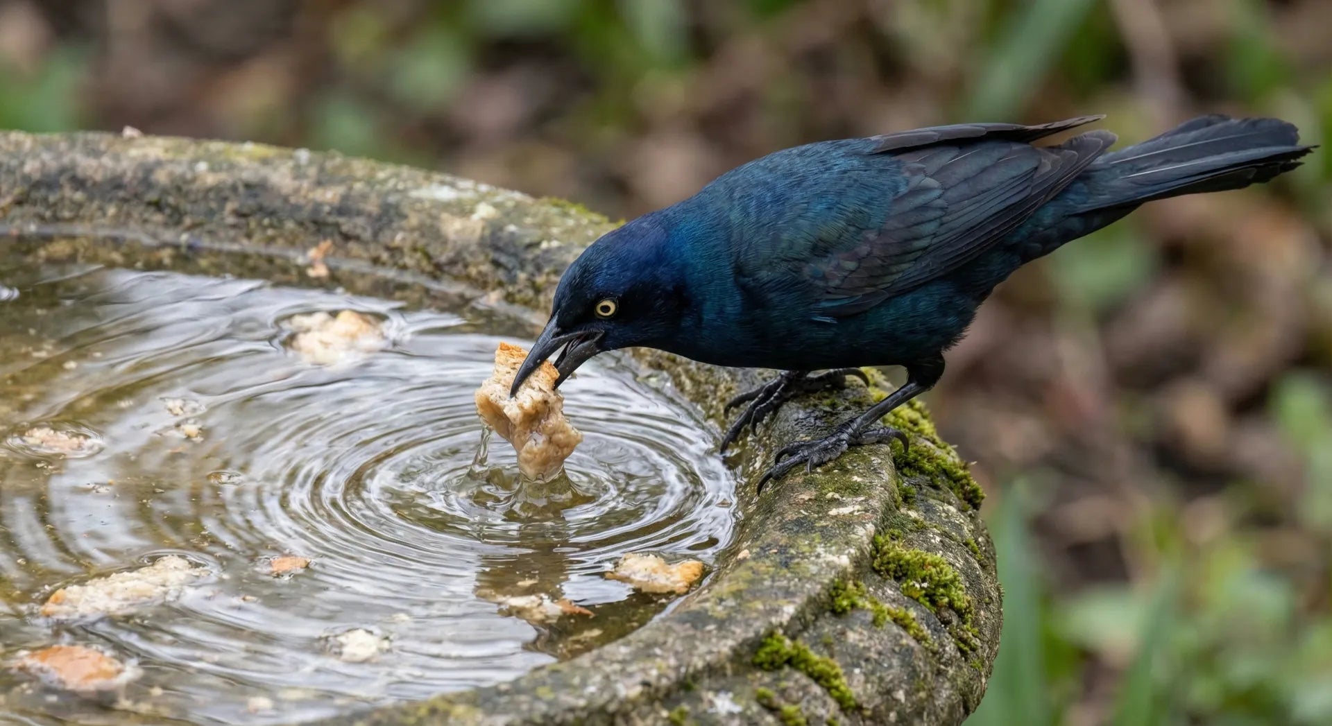 A bird dipping dry food into a bird bath to soften it