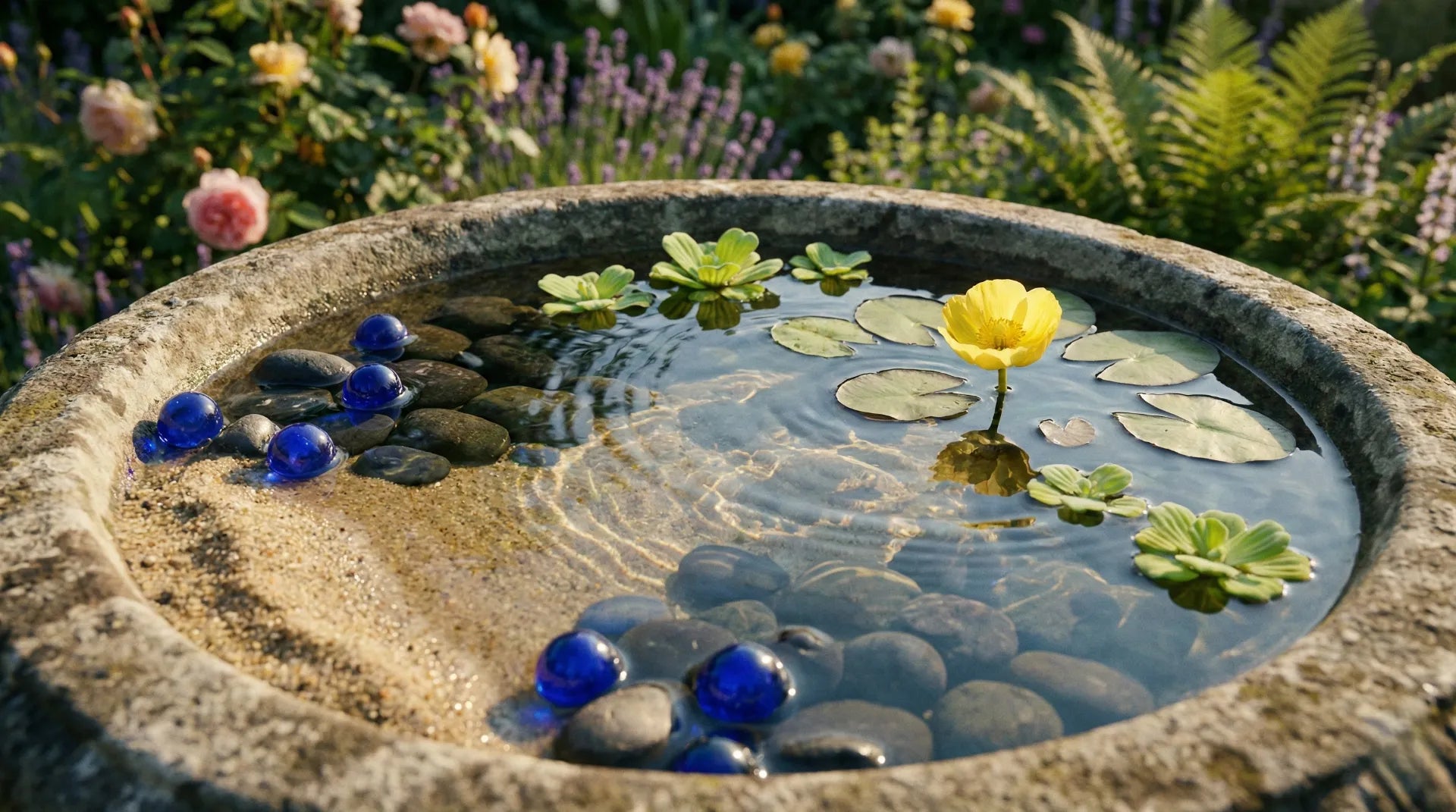 A birdbath aquascaped with river rocks, glass marbles, and aquatic plants like water lettuce.