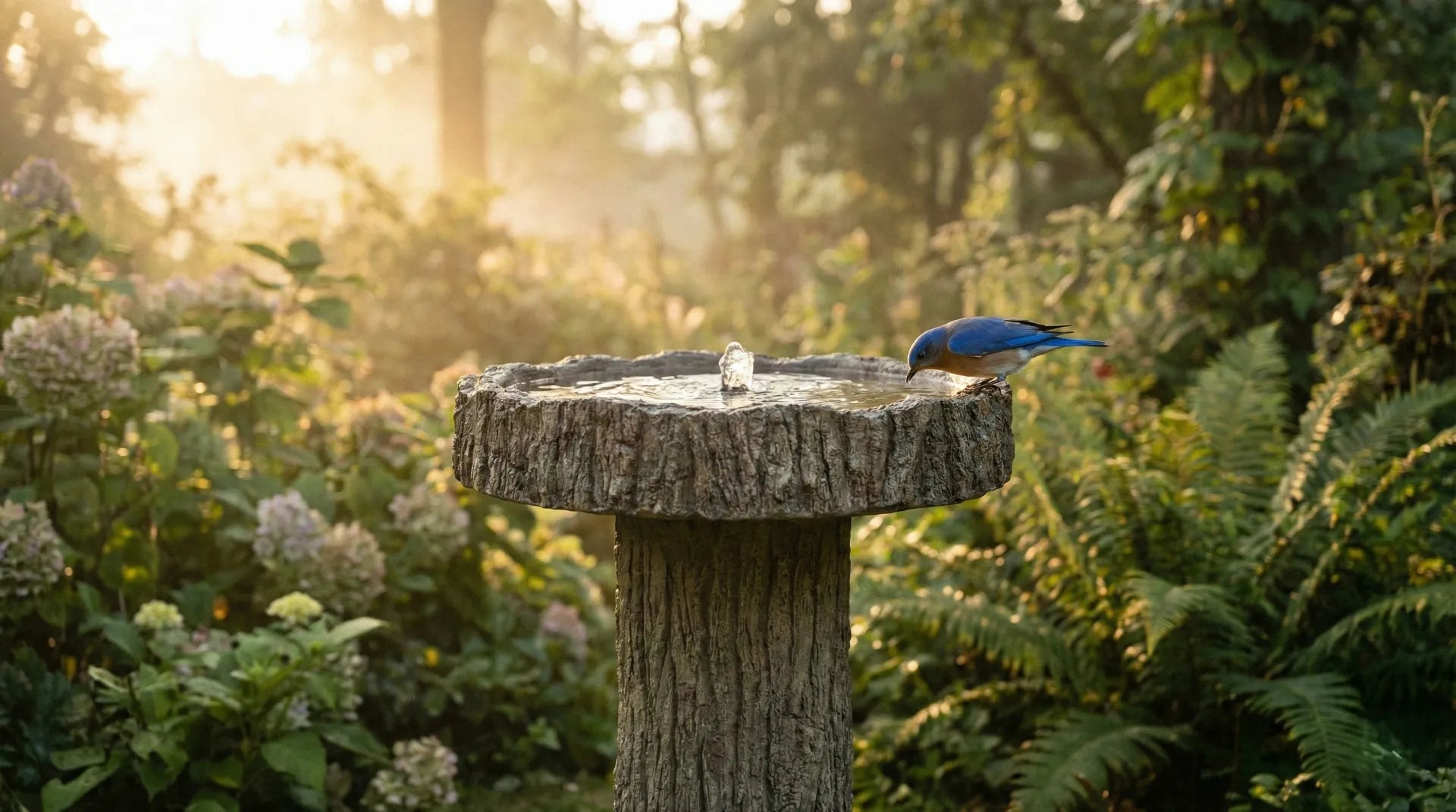 A bluebird perched on a realistic simulated wood bird bath made of fibre reinforced concrete, glowing in golden hour sunset light