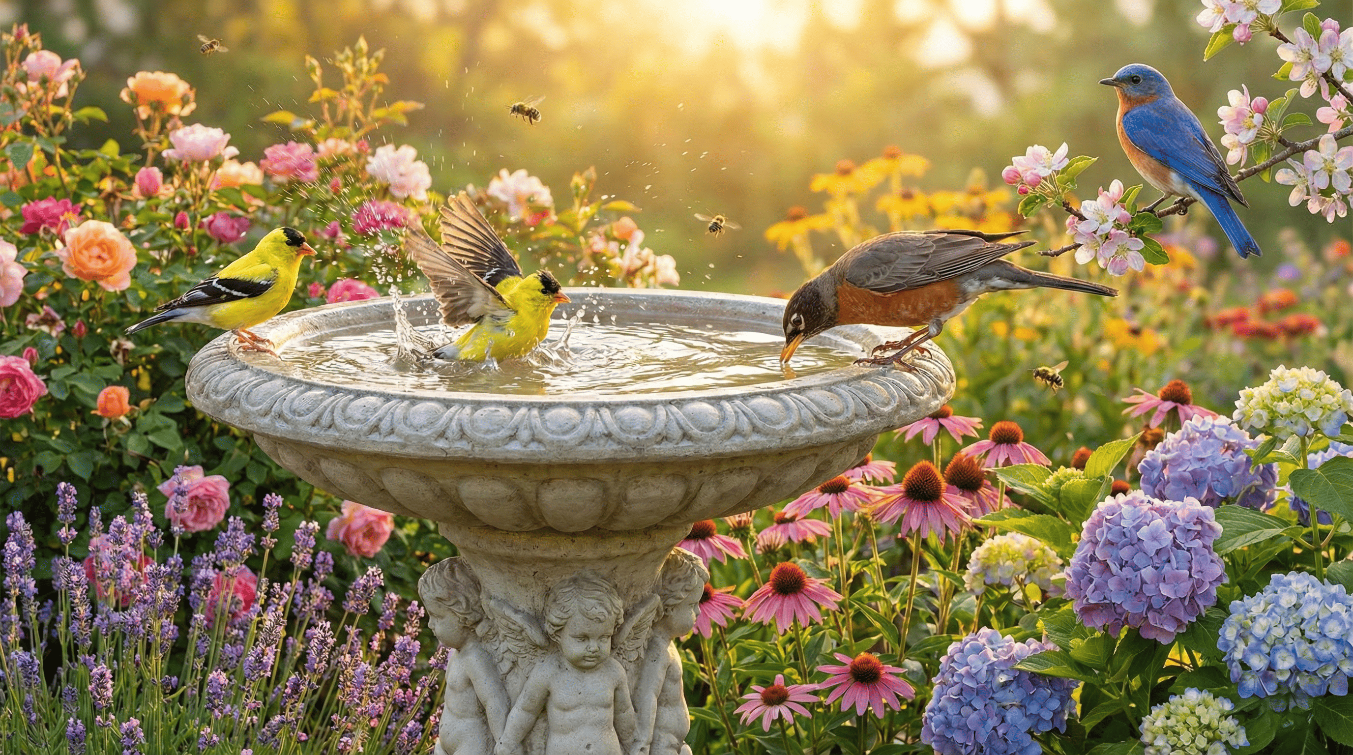 A busy concrete bird bath filled with multiple types of birds bathing and drinking together.