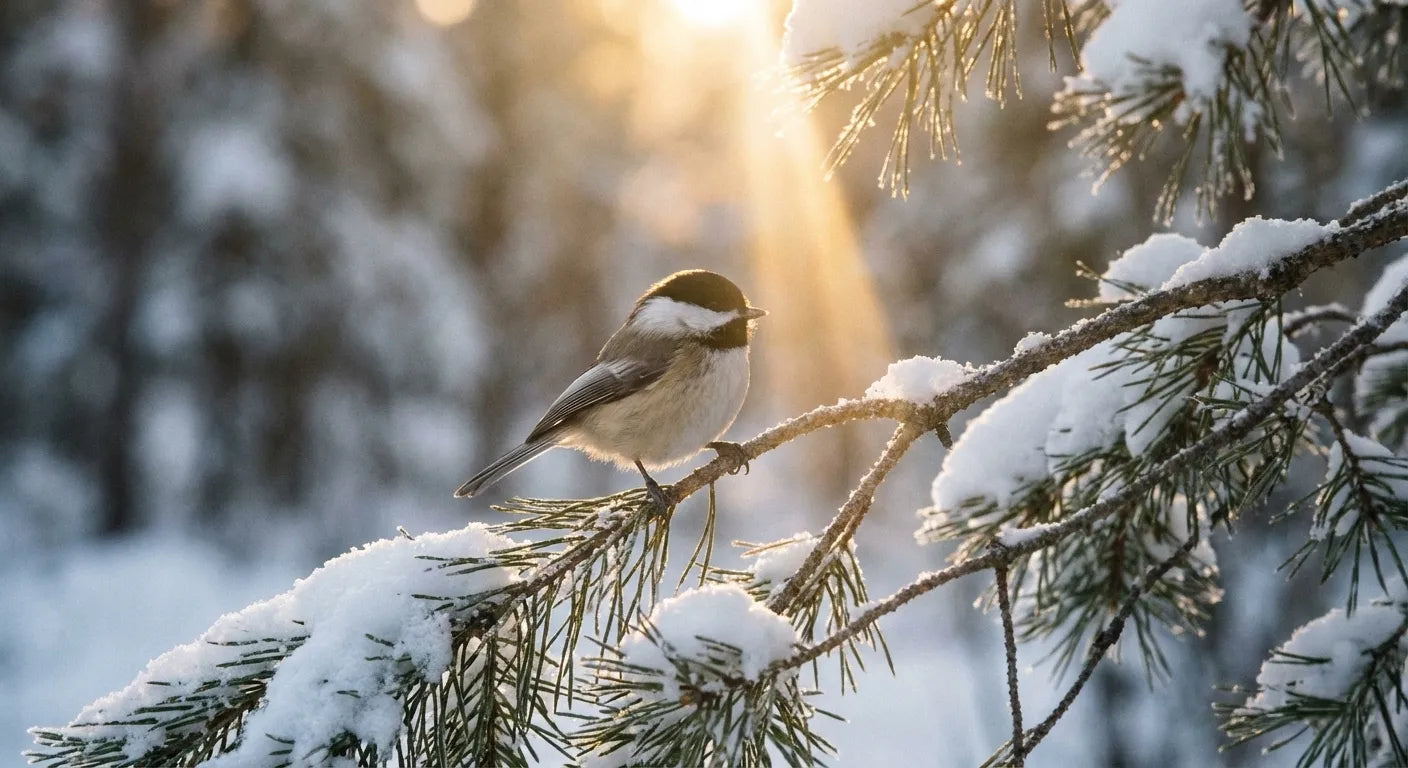A chickadee perched in winter sunlight, symbolizing hope and resilience