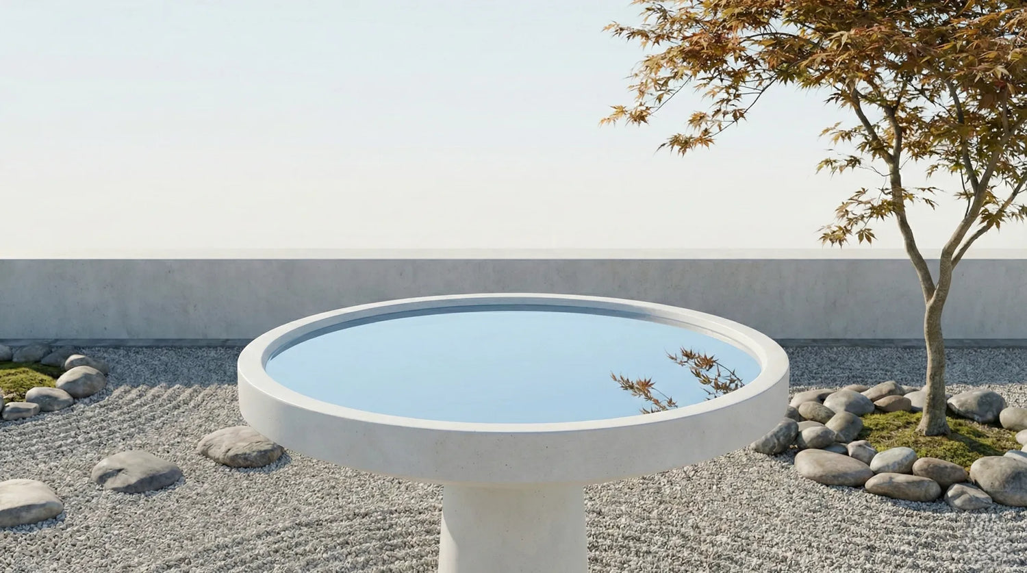 A classic carved stone birdbath overflowing with sparkling water, featuring a blue tit bird perched on the rim in a golden hour English garden.