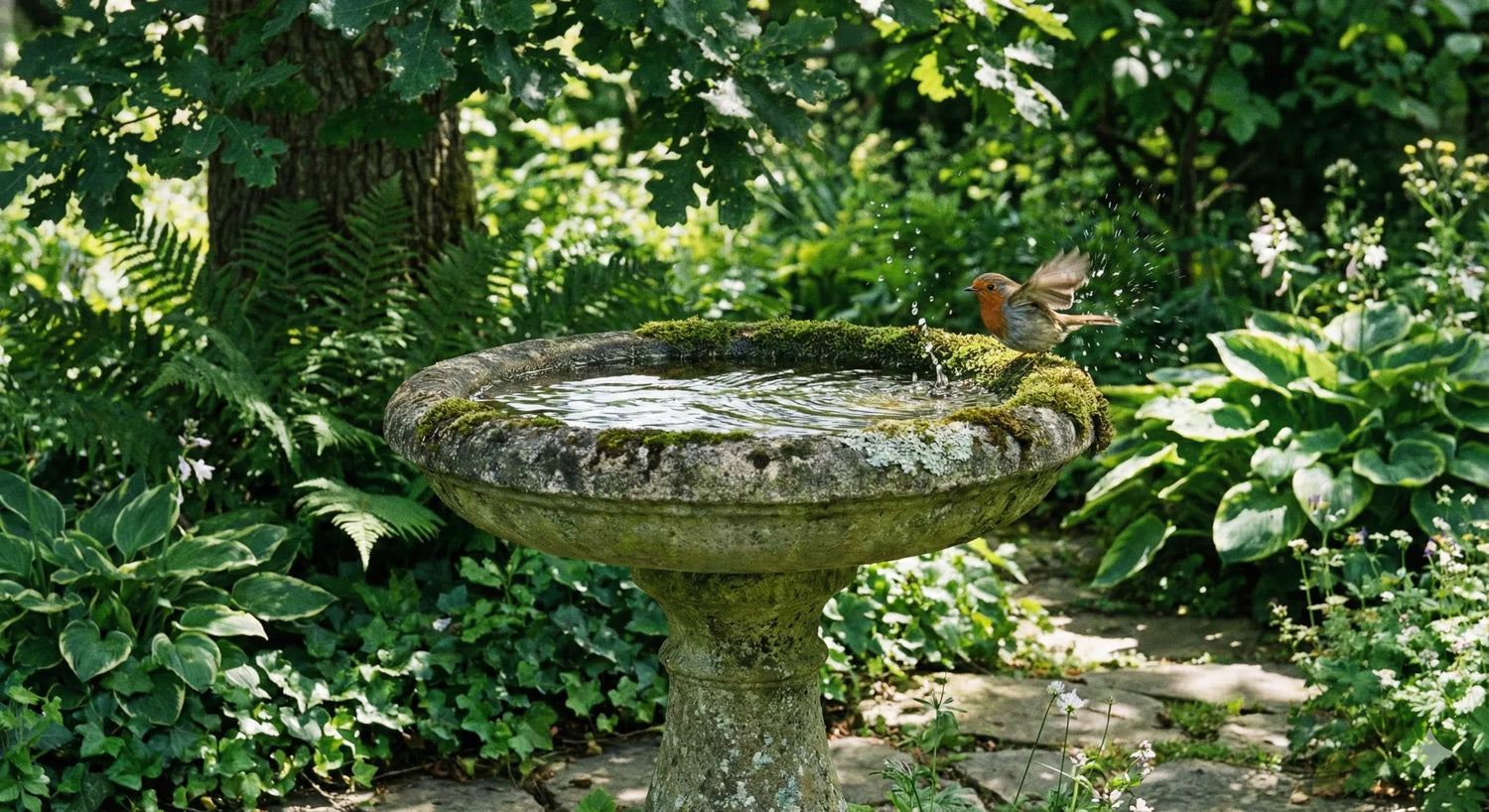 A clean concrete bird bath situated in dappled shade with clear water, contrasted against an algae-filled plastic bird bath in direct background sunlight.