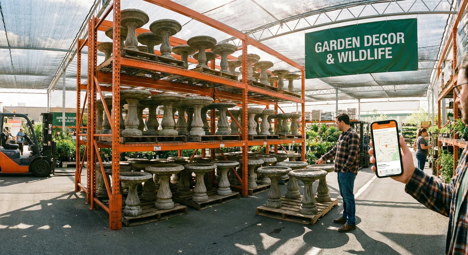 A close-up of the Home Depot app showing the Aisle and Bay location for a birdbath product.