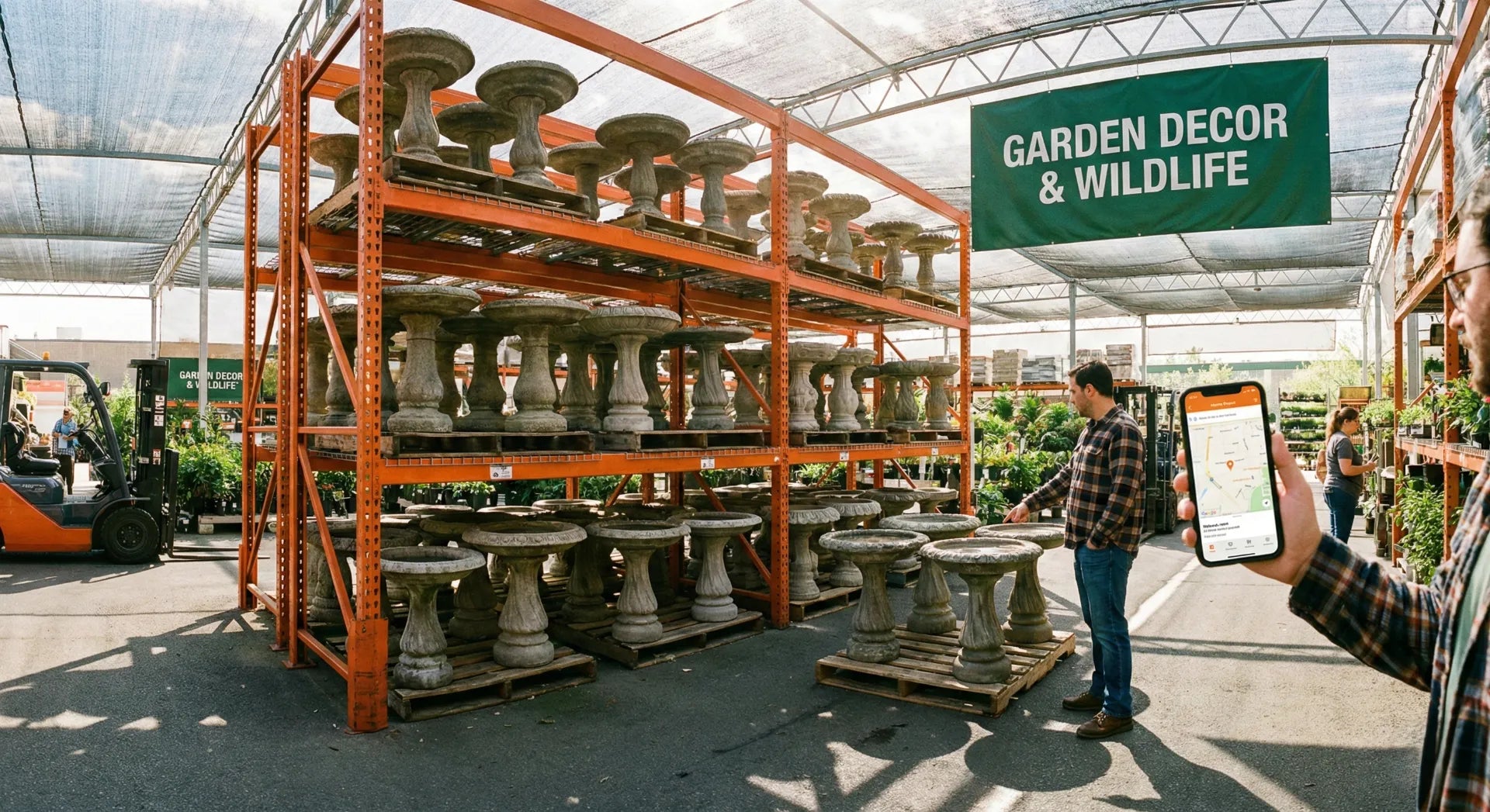 A close-up of the Home Depot app showing the Aisle and Bay location for a birdbath product.