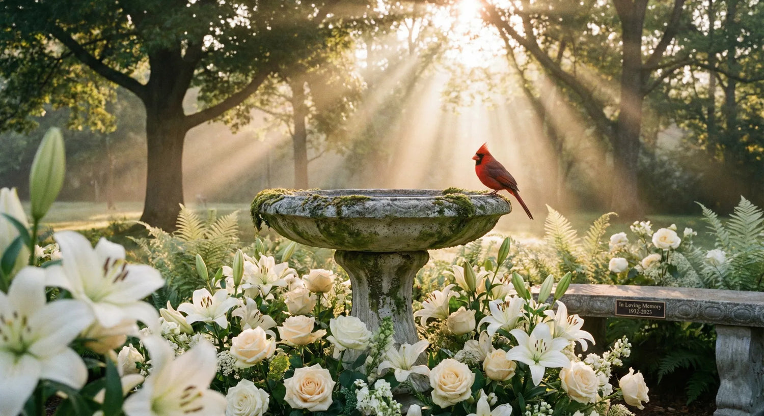 A concrete bird bath in a memorial garden with a red cardinal, symbolizing peace and remembrance