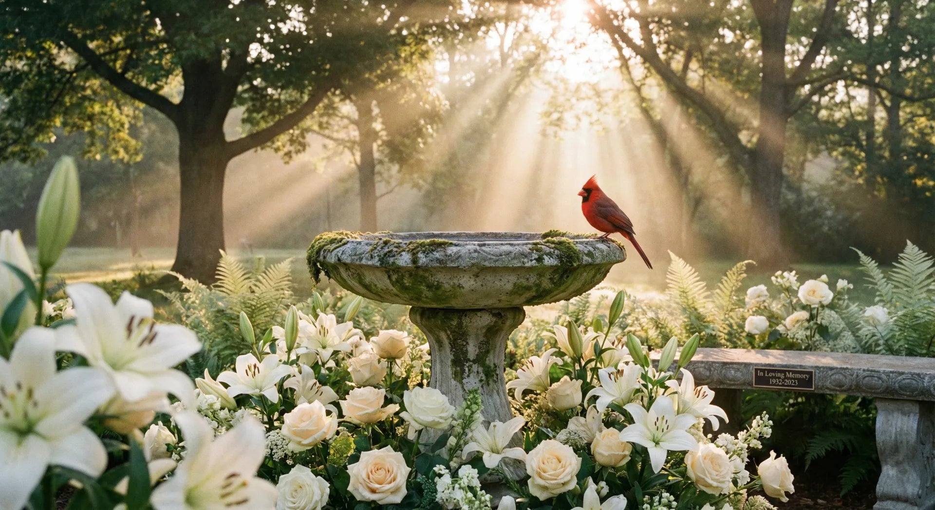 A concrete bird bath in a memorial garden with a red cardinal, symbolizing peace and remembrance