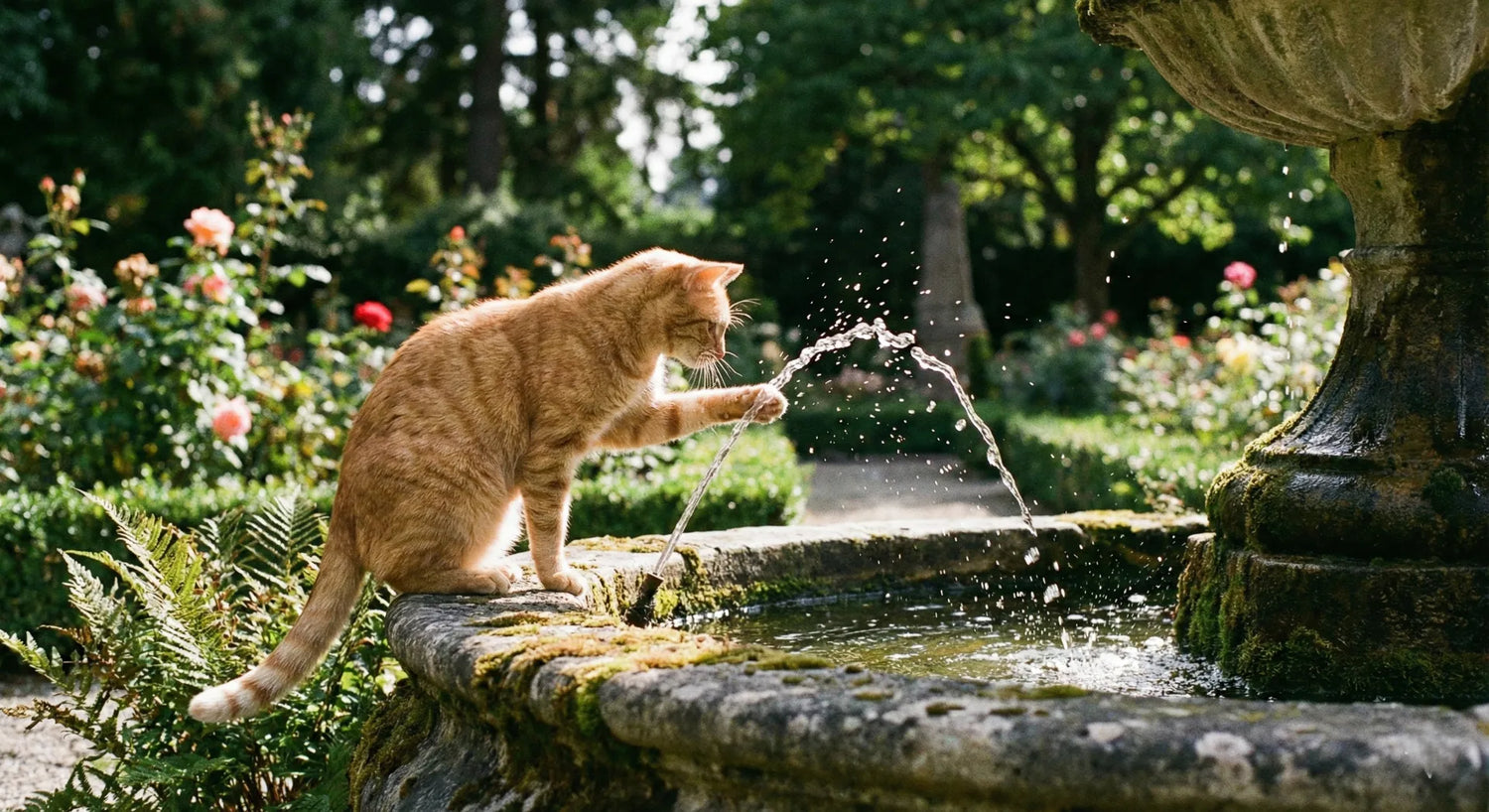 A curious cat balanced on the edge of a tiered outdoor garden fountain, playfully batting at the flowing water stream.