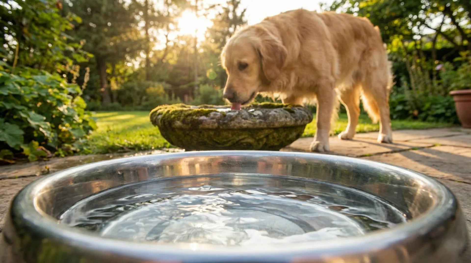 A dog ignoring a clean water bowl in the foreground to drink from a dirty bird bath in the background