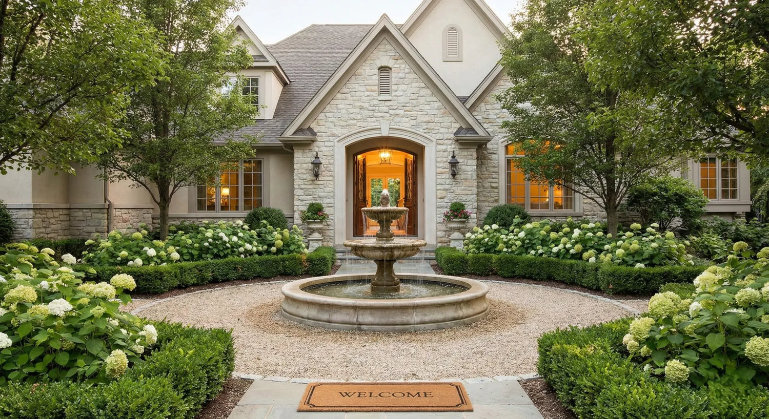 A grand tiered outdoor fountain placed in front of a house to activate the Mouth of Chi and invite wealth