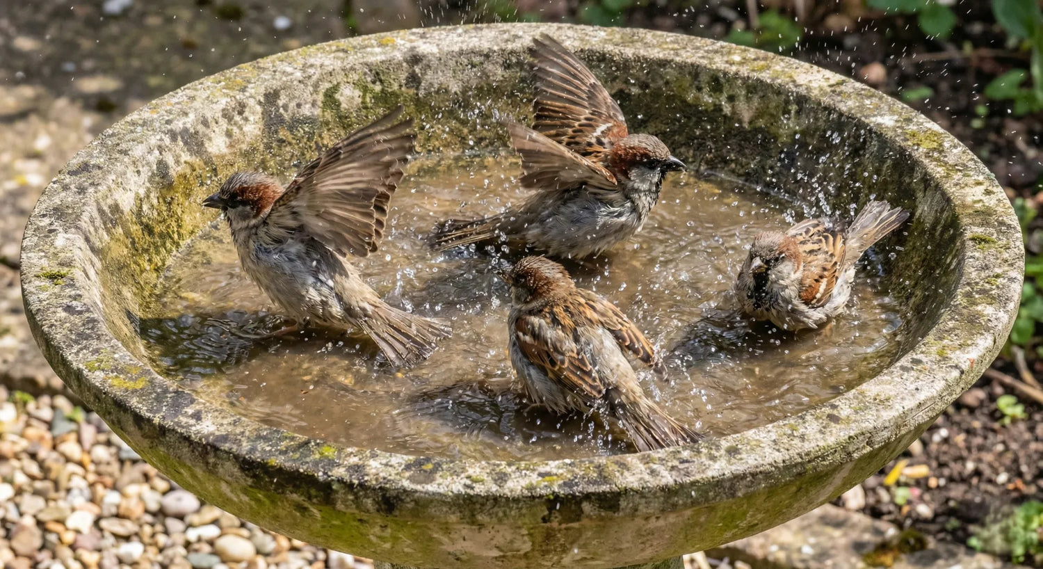 A group of sparrows enjoying a communal bath in a wide open concrete bird bath