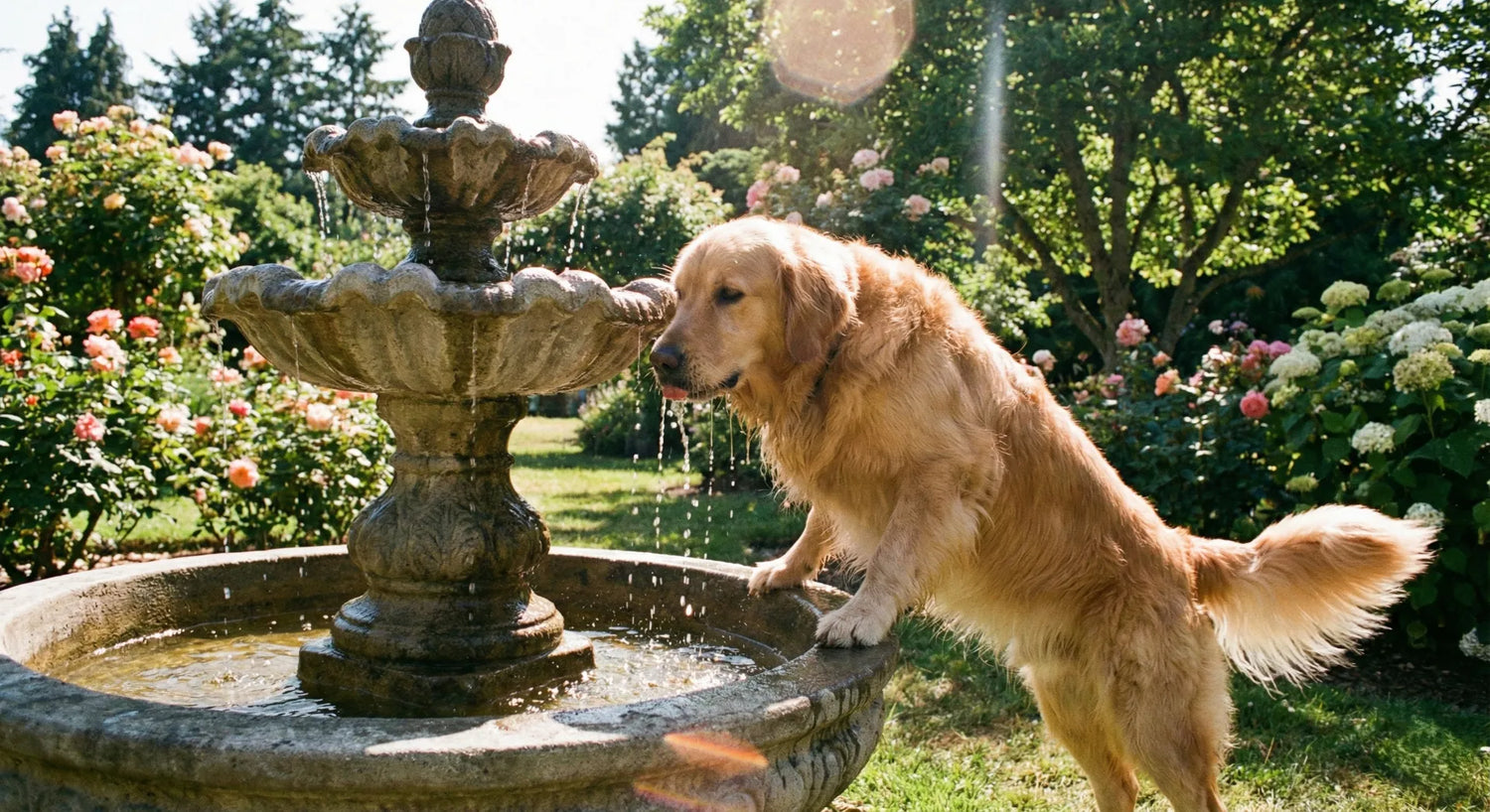 A happy Golden Retriever drinking from a tiered stone outdoor fountain in a sunny garden