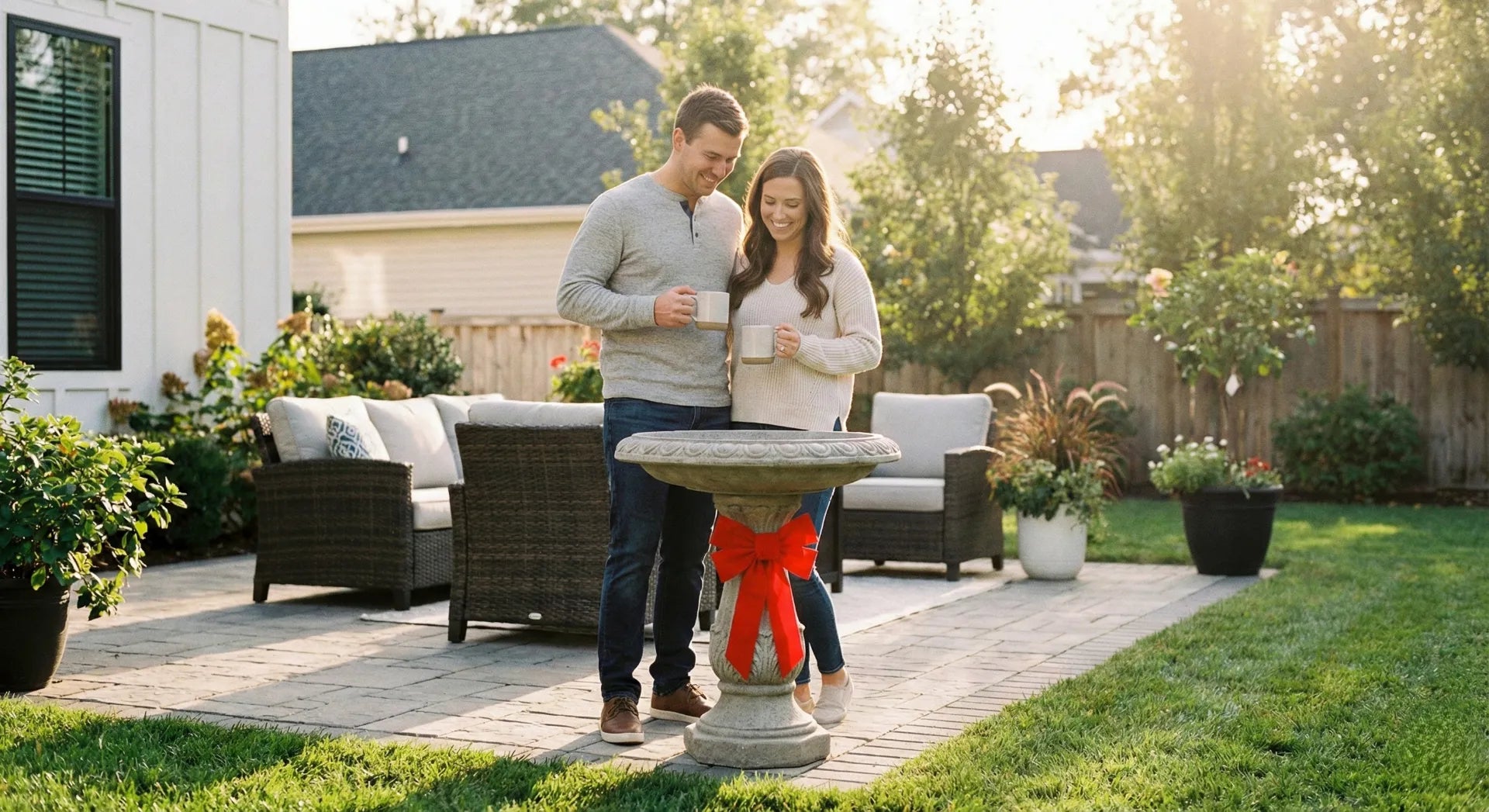 A happy couple receiving a concrete bird bath as a housewarming gift.