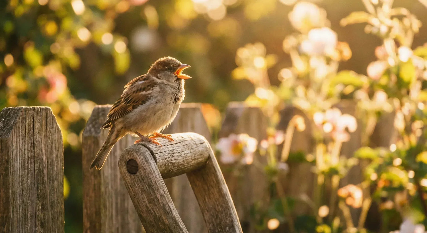 A happy sparrow chirping in the sunlight, symbolizing joy and simplicity