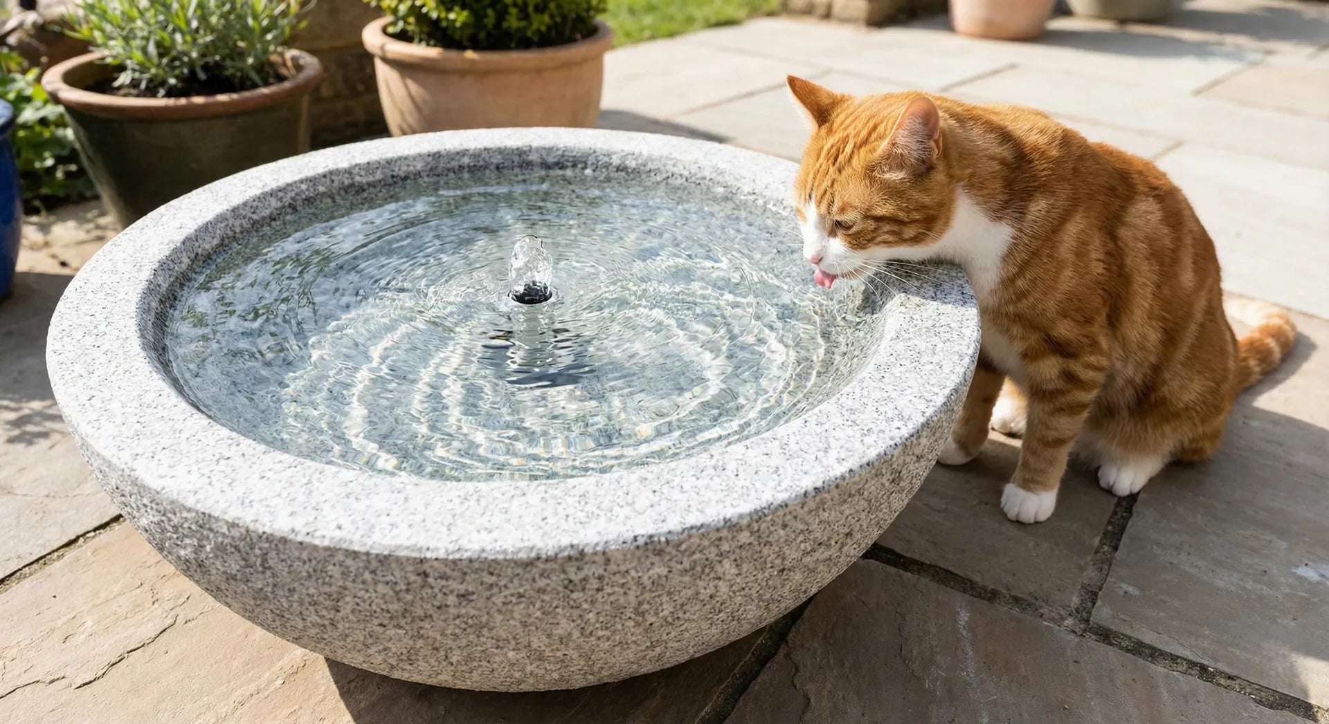 A healthy cat drinking from a clean, well-maintained stone outdoor fountain