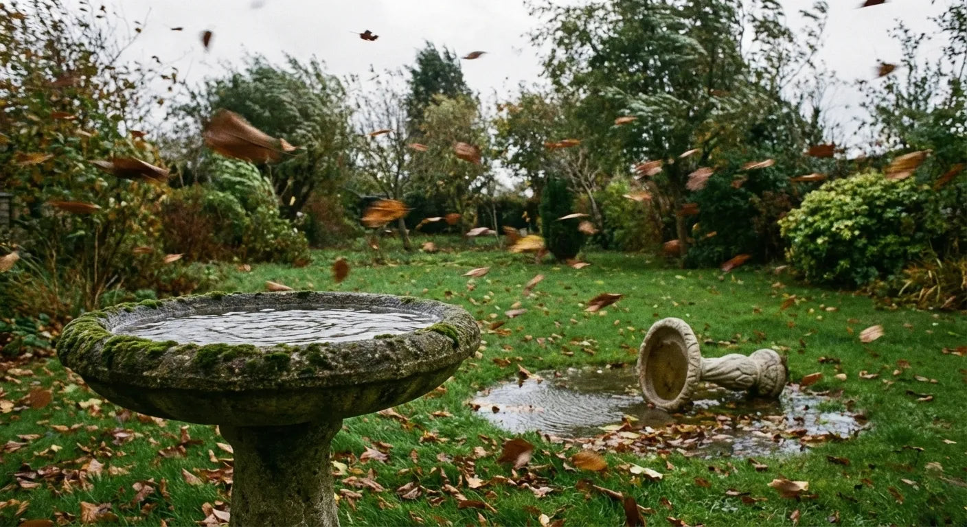 A heavy concrete bird bath stands stable in the wind, contrasted with a lightweight plastic bird bath that has tipped over in the background