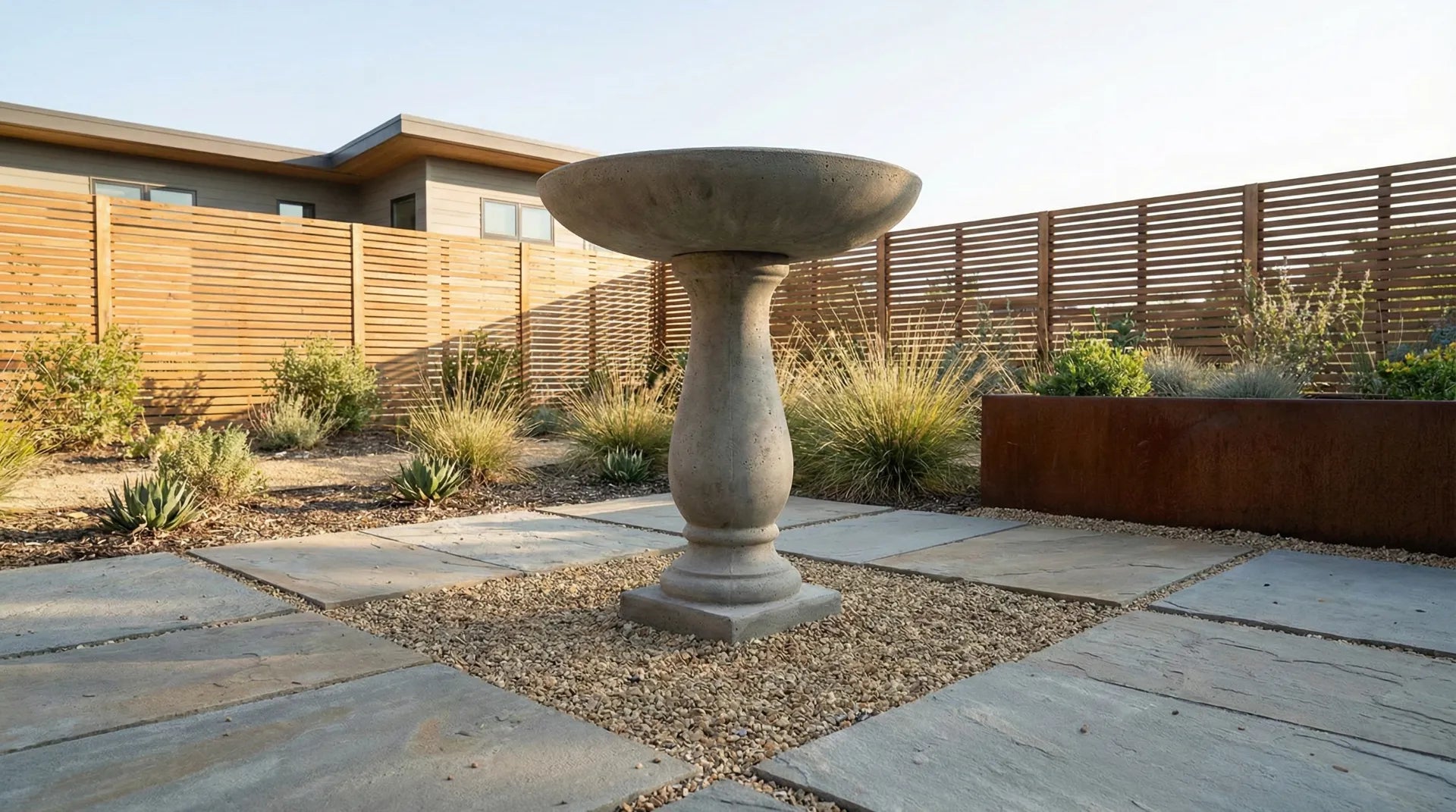 A heavy pedestal bird bath installed on a level stone paver foundation for long-term stability.