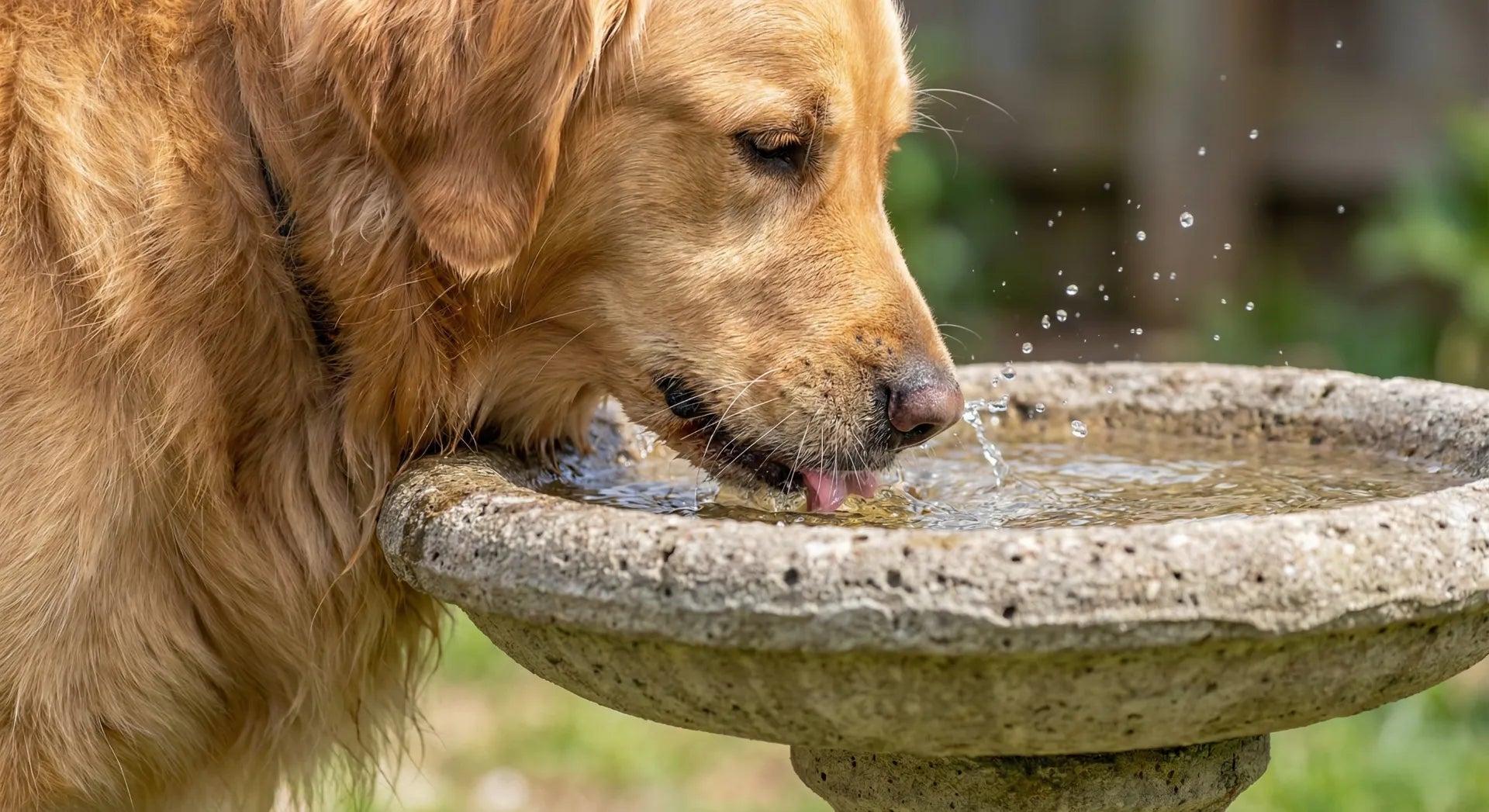 A high-resolution photograph of a dog drinking clearly from a stone bird bath