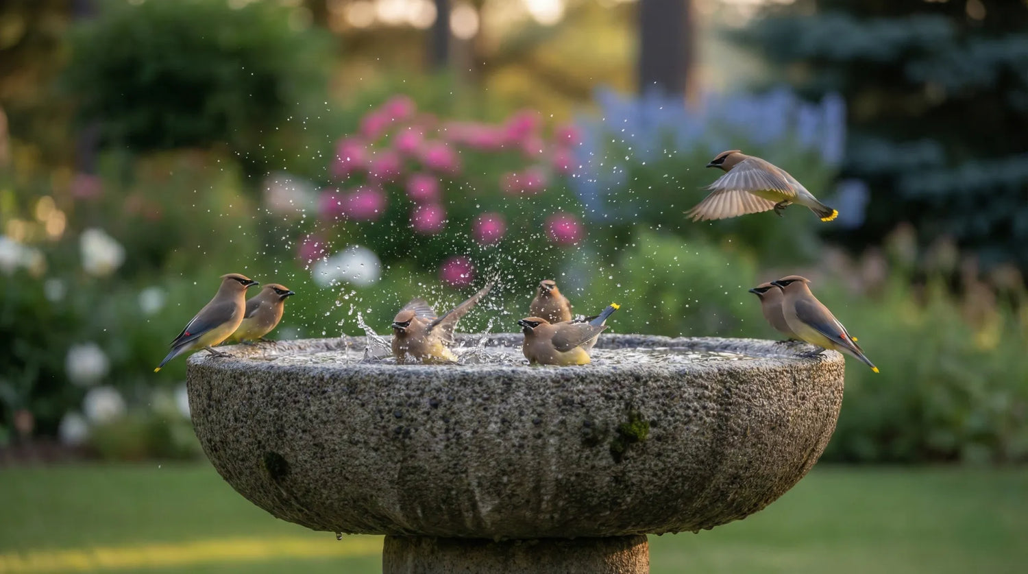 A large flock of Cedar Waxwings landing on a stable concrete bird bath.