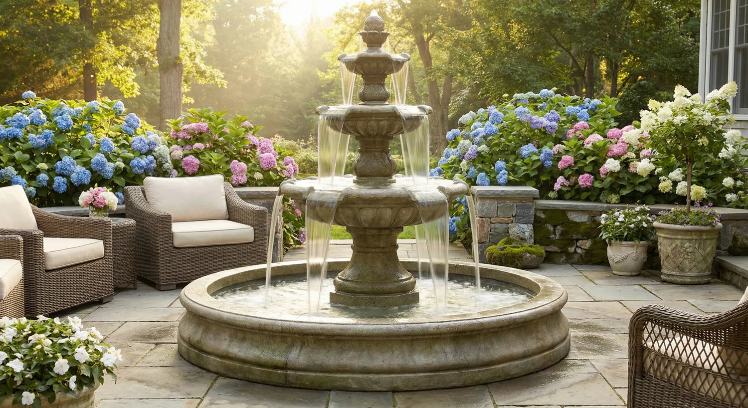 A large stone garden fountain with gentle, smooth flowing water accumulating in the basin, symbolizing good Feng Shui wealth energy