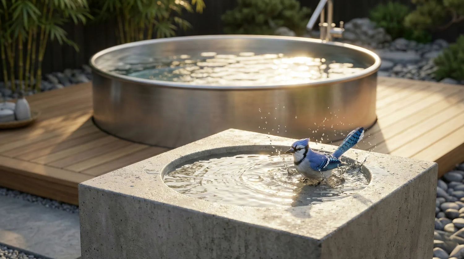 A modern concrete bird bath with a splashing Blue Jay in the foreground, and a large circular human soaking tub in the background, showing cross-species design.