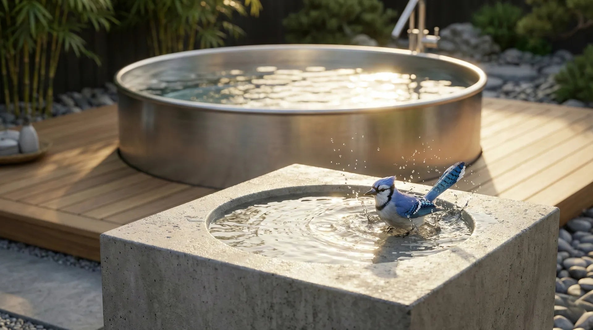 A modern concrete bird bath with a splashing Blue Jay in the foreground, and a large circular human soaking tub in the background, showing cross-species design.