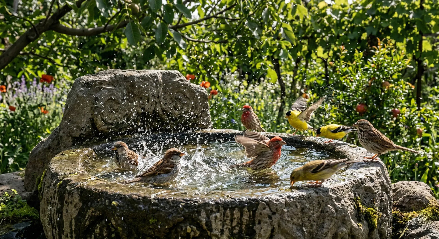 A monolithic concrete bird fountain with a natural stone texture and sparkling water, featuring several songbirds actively bathing.