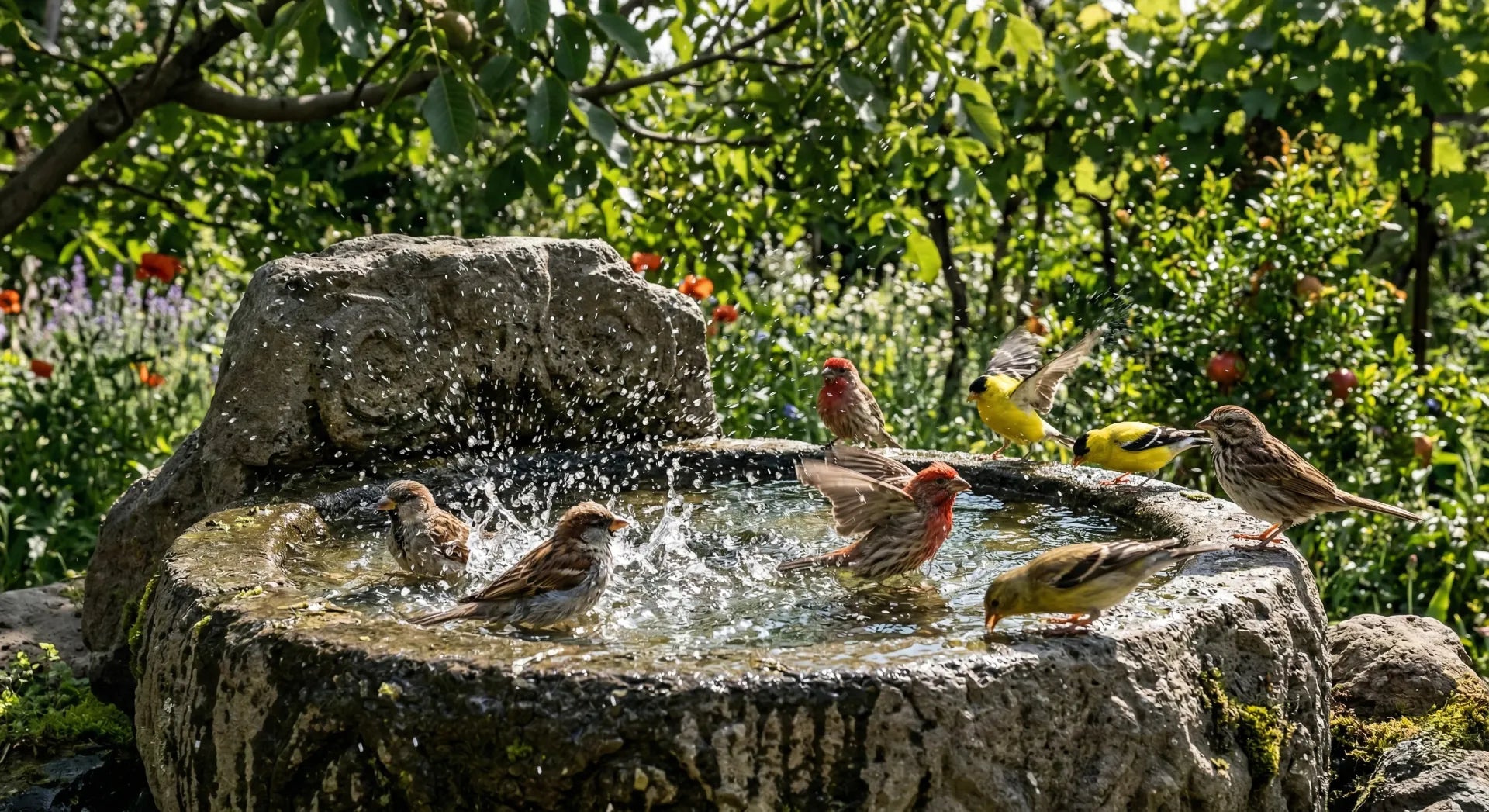 A monolithic concrete bird fountain with a natural stone texture and sparkling water, featuring several songbirds actively bathing.