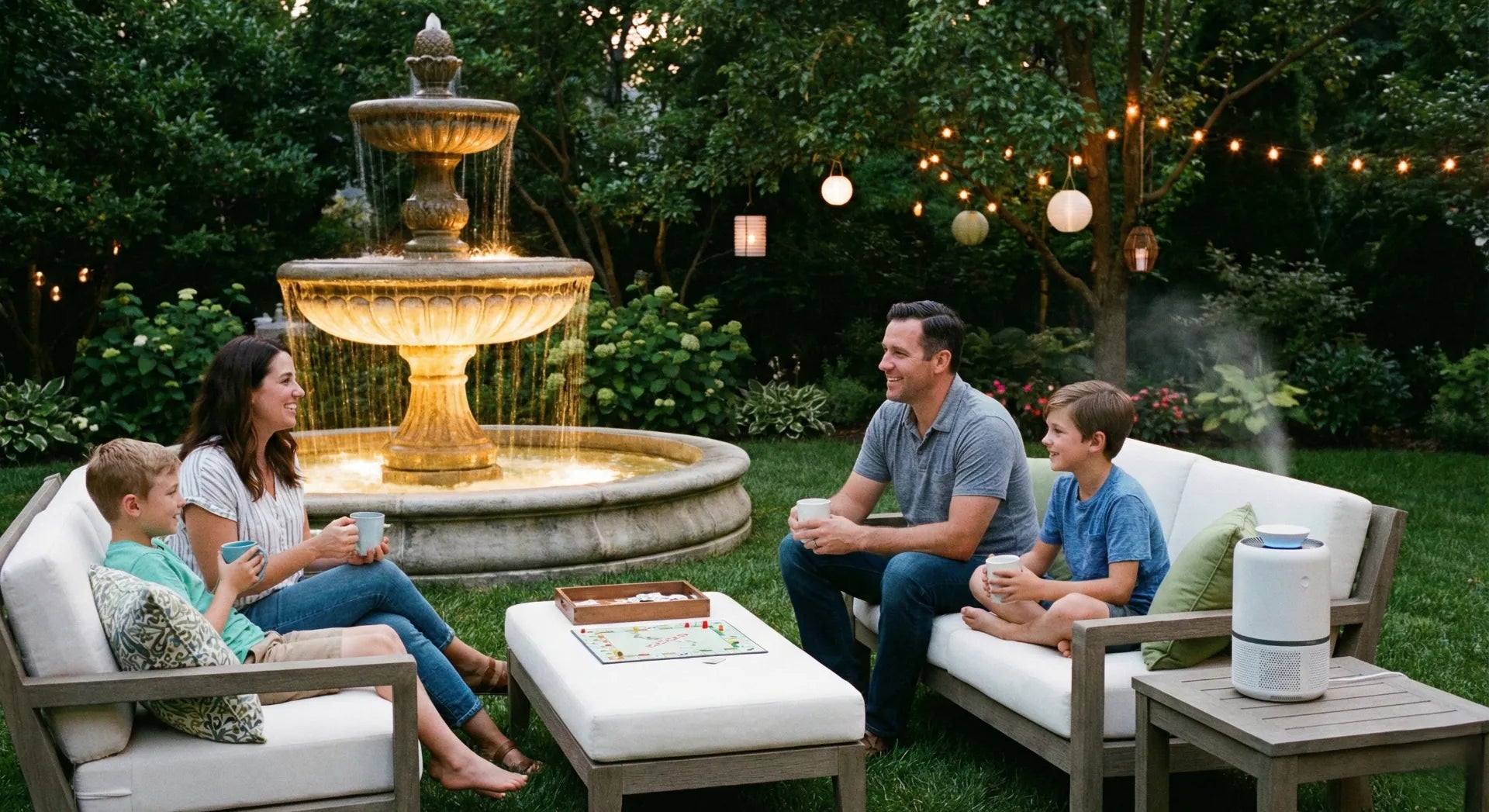 A mosquito-free garden with a running stone fountain at night