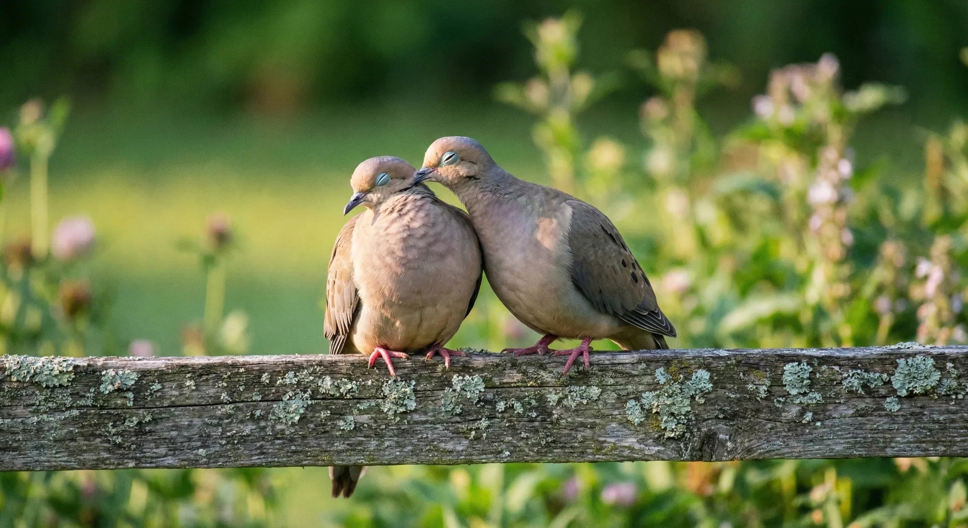 A pair of loyal mourning doves perching together and preening each other in a garden