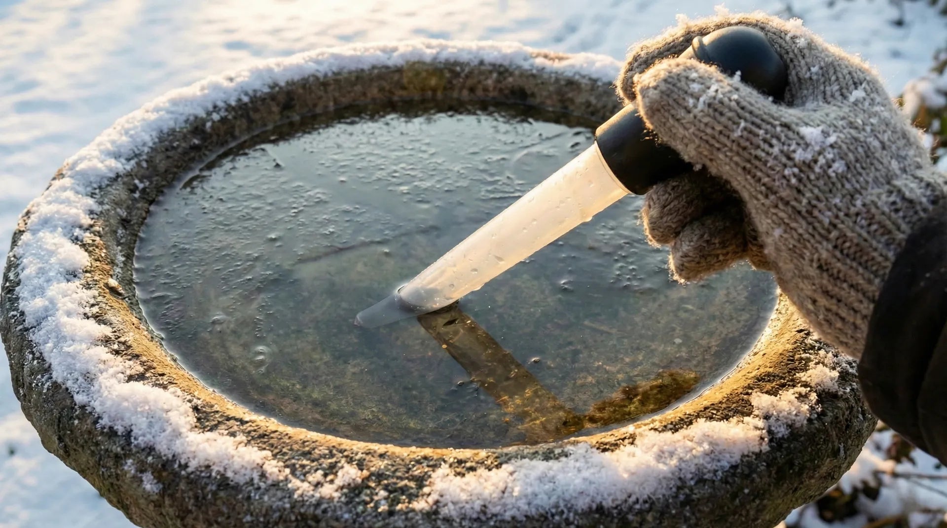 A person using a turkey baster to suction debris from a heated bird bath in winter to keep water clean without touching it
