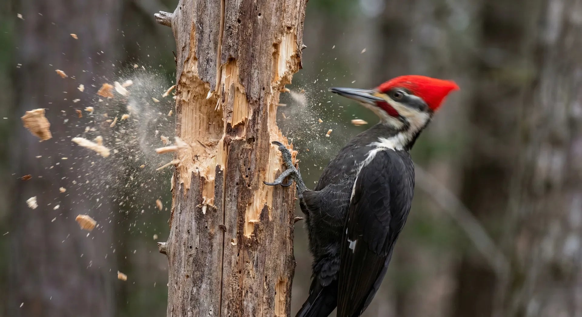 A pileated woodpecker striking a tree with immense force