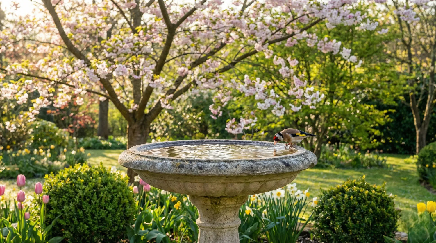 A pristine, mosquito-free stone bird bath in a spring garden, providing safe drinking water for migratory birds.