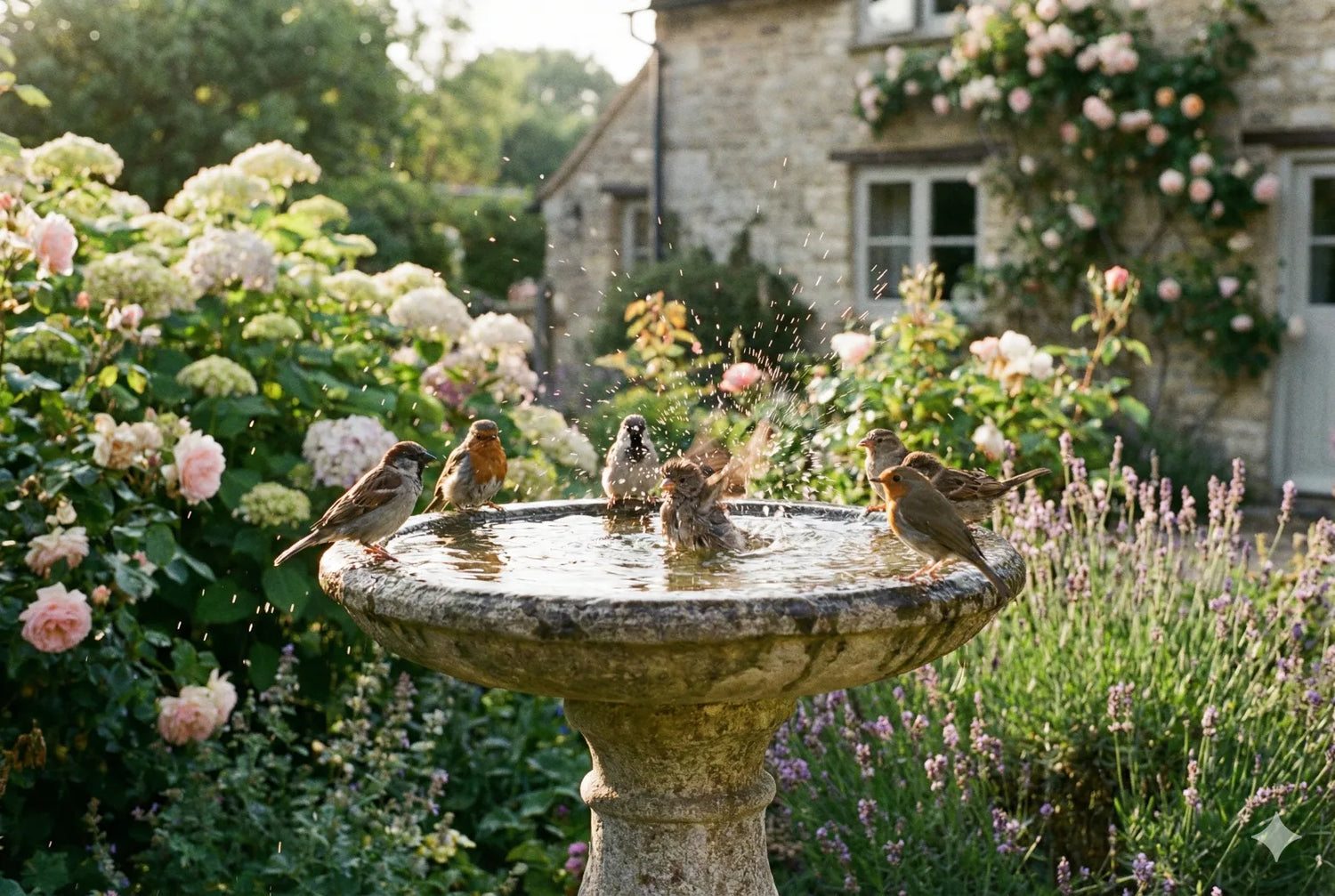 A rustic stone pedestal birdbath in a blooming English cottage garden, with sparrows and robins splashing in clear water under warm golden hour sunlight.
