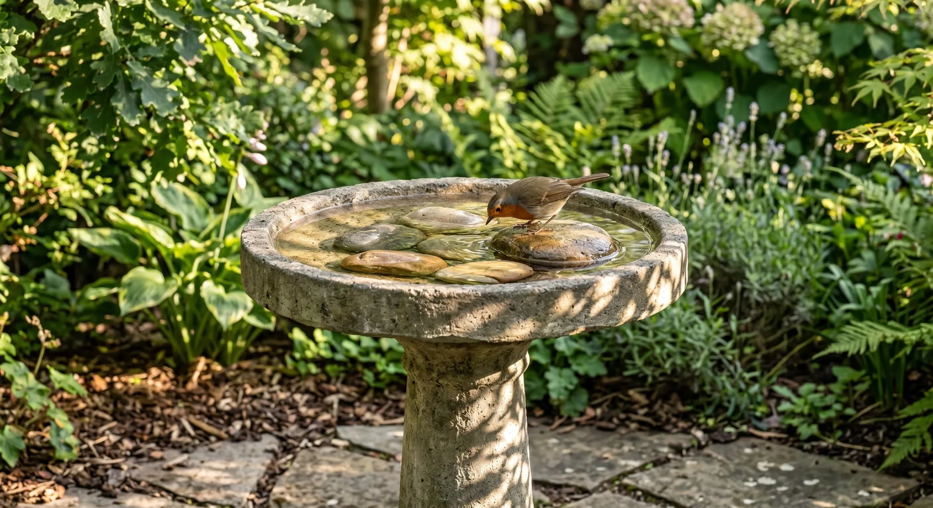 A safe, shallow GFRC concrete pedestal bird bath featuring large river stones, protecting backyard birds from drowning.