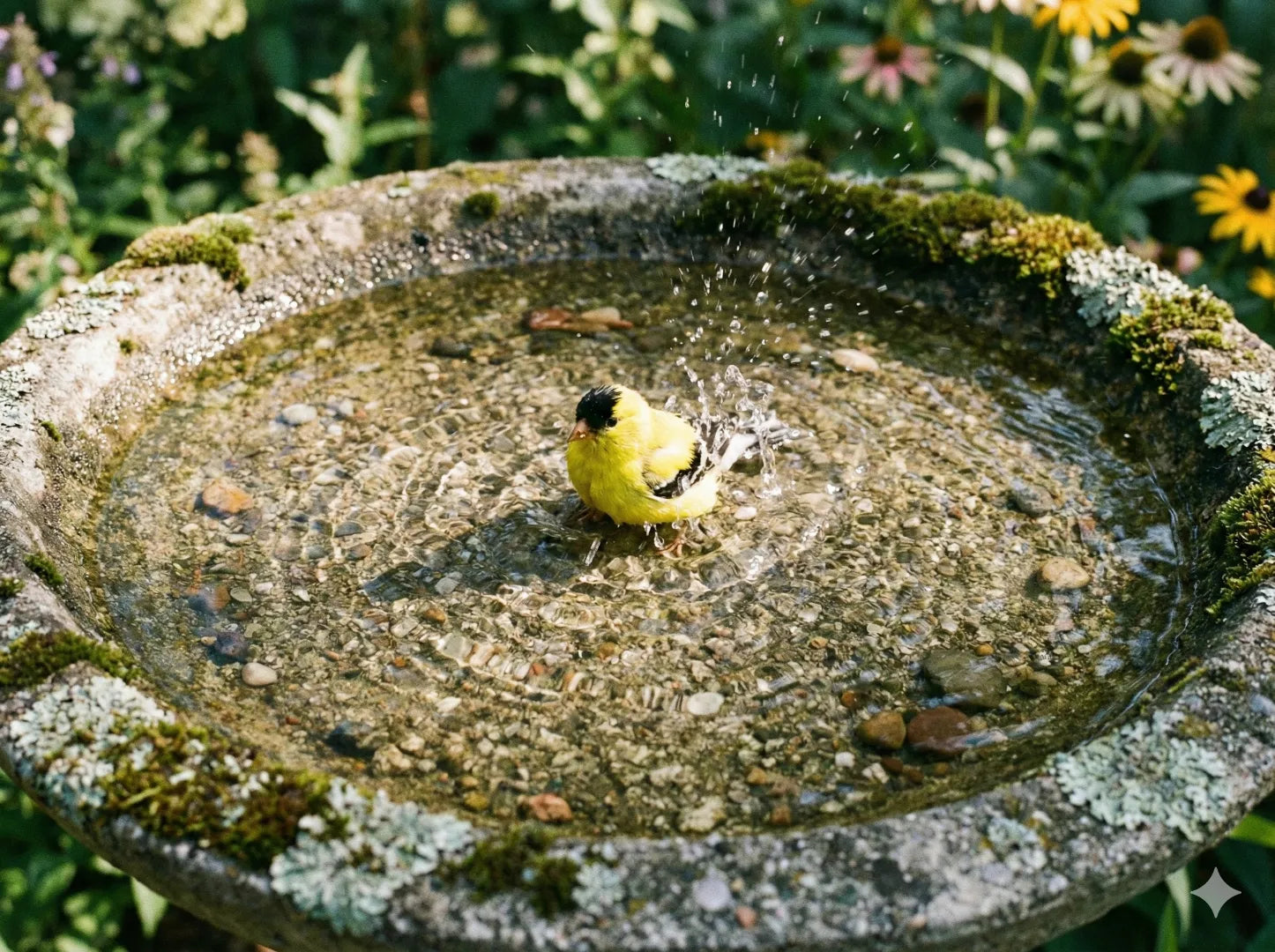 A small bird standing safely in a shallow concrete bird bath