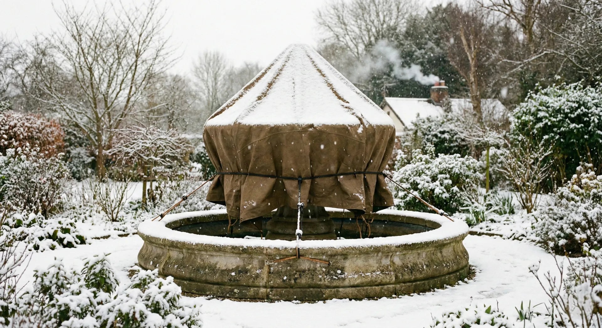 A stone outdoor fountain covered with a waterproof tarp in a snowy garden to prevent freezing damage during winter.