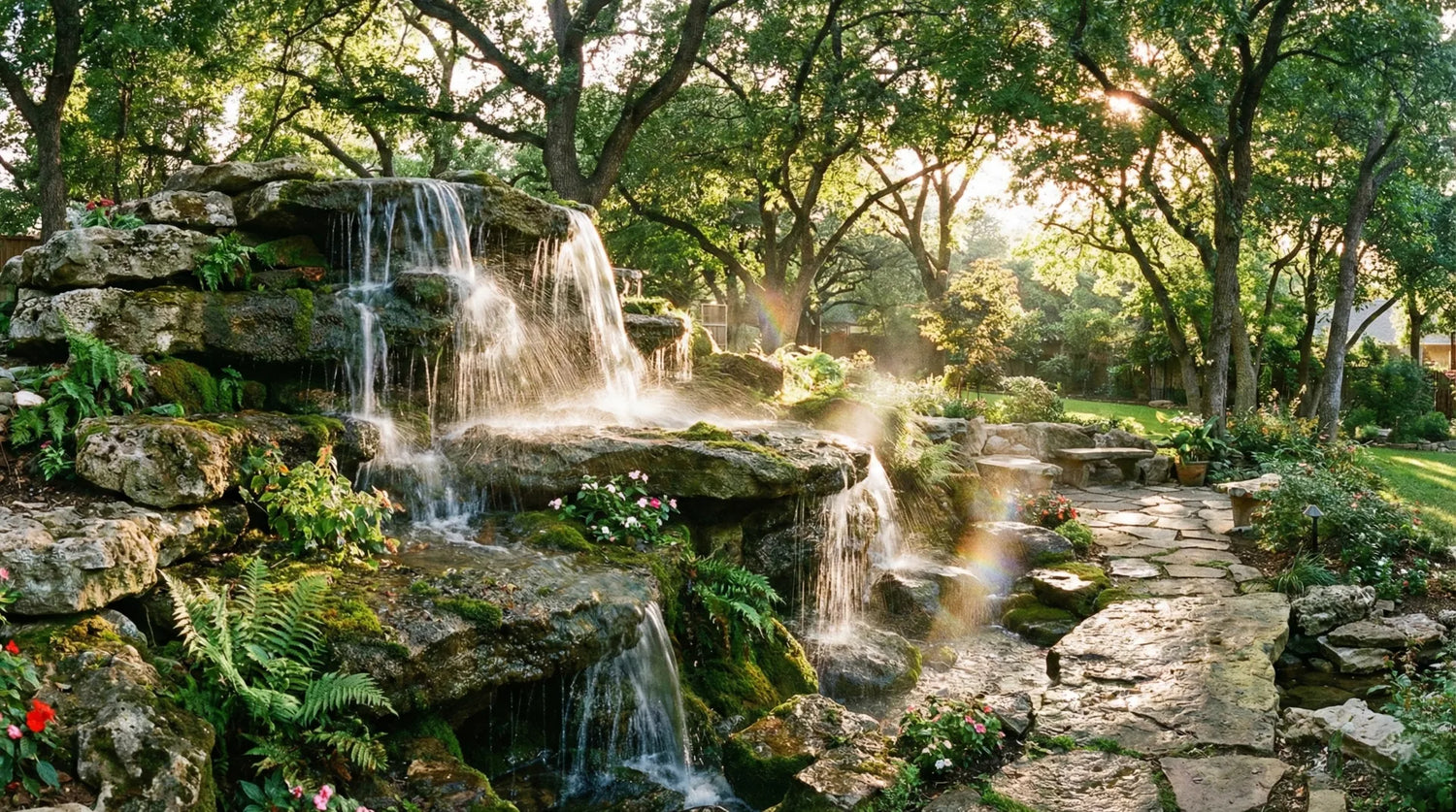 A sunny, lush backyard garden featuring a large natural rock waterfall fountain, with sunlight illuminating the flowing water.