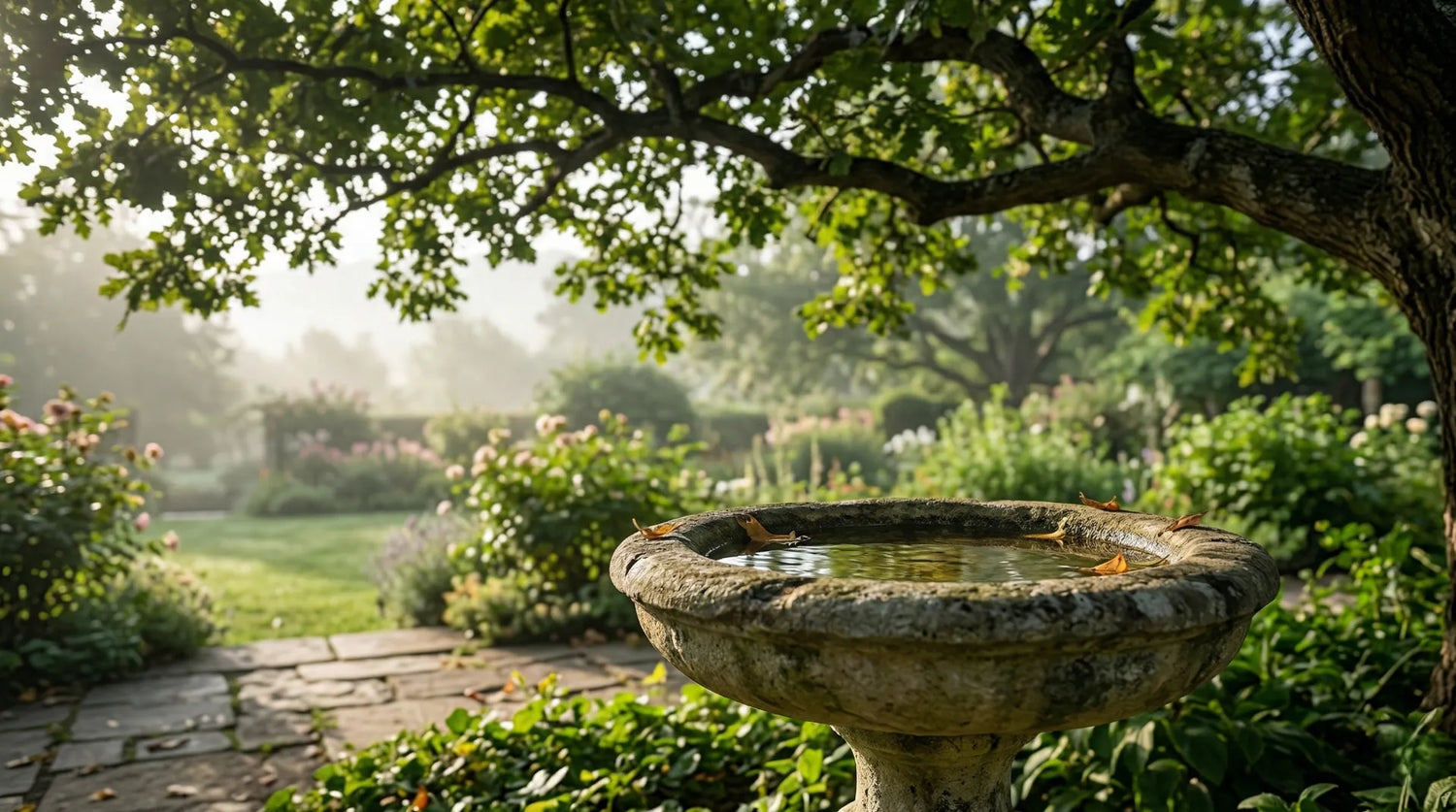 A vintage limestone bird bath in the dappled shade of an oak tree, demonstrating ideal thermal management and cooling for avian species in summer.
