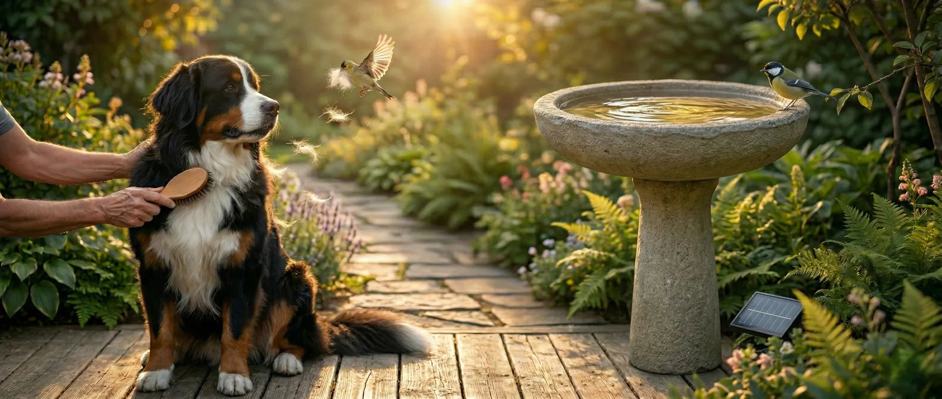 A wide banner view of a Bernese Mountain Dog being groomed in a sunlit garden, with a classic pedestal bird bath and birds collecting nesting material in the background.