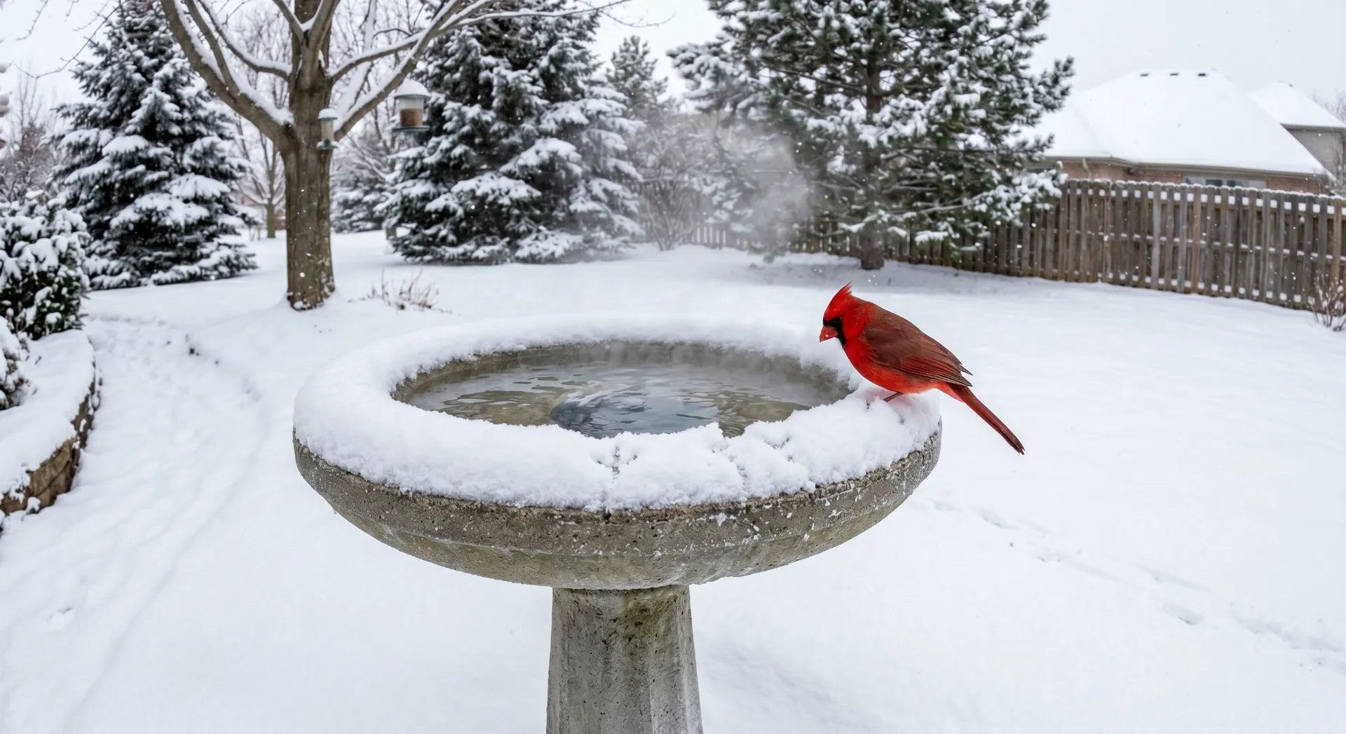 A winterized concrete bird bath with liquid water in a snowy garden, featuring a Northern Cardinal perched on a frost-covered edge.