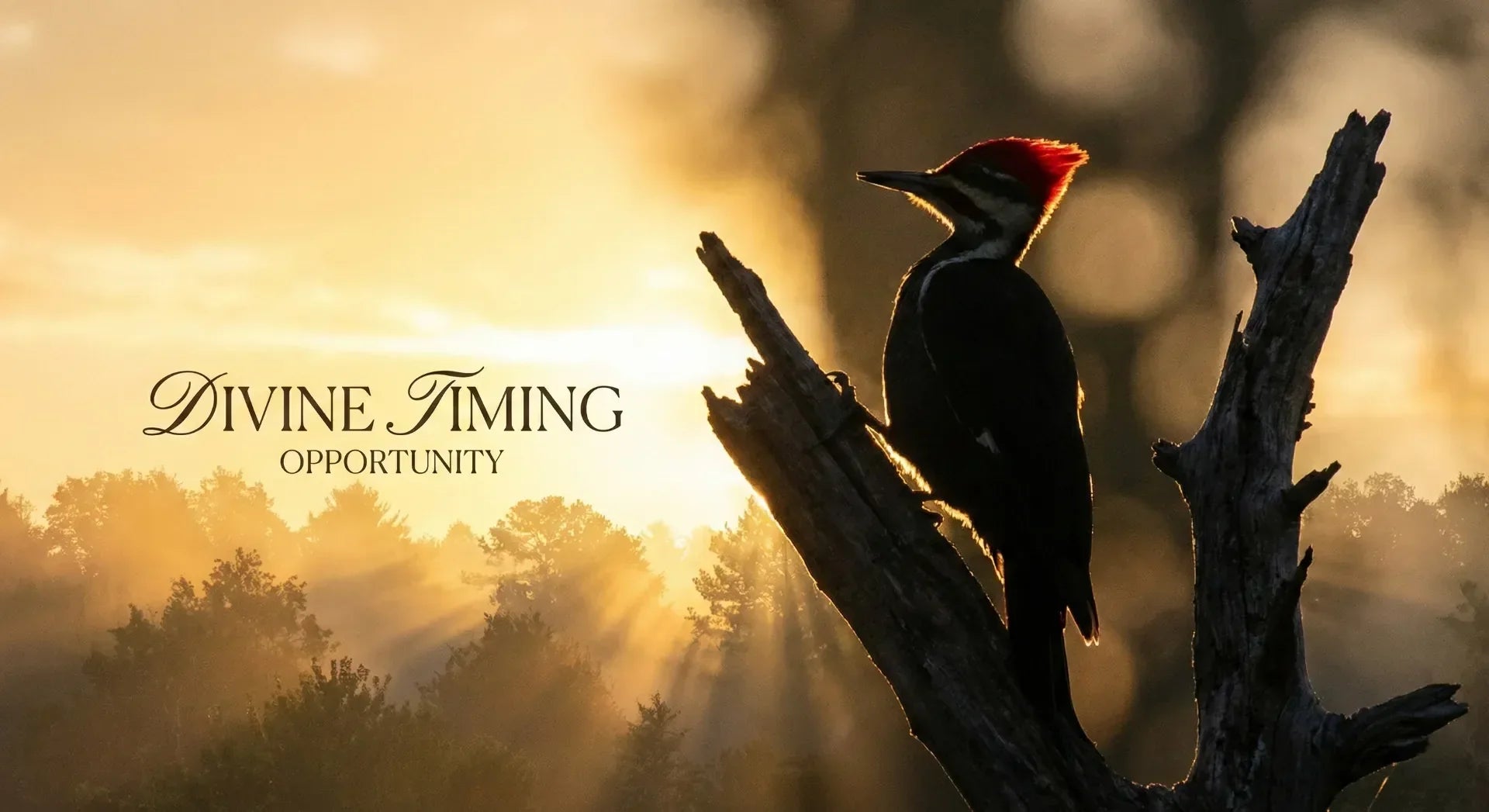 A woodpecker silhouette against sunrise, symbolizing spiritual awakening and opportunity