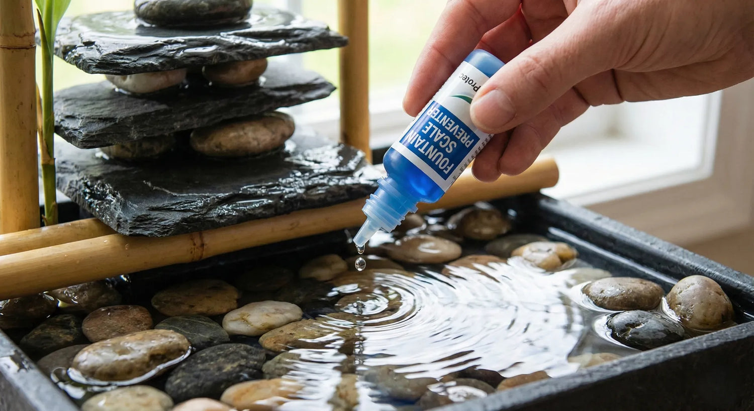 Adding anti-scale treatment to a tabletop fountain