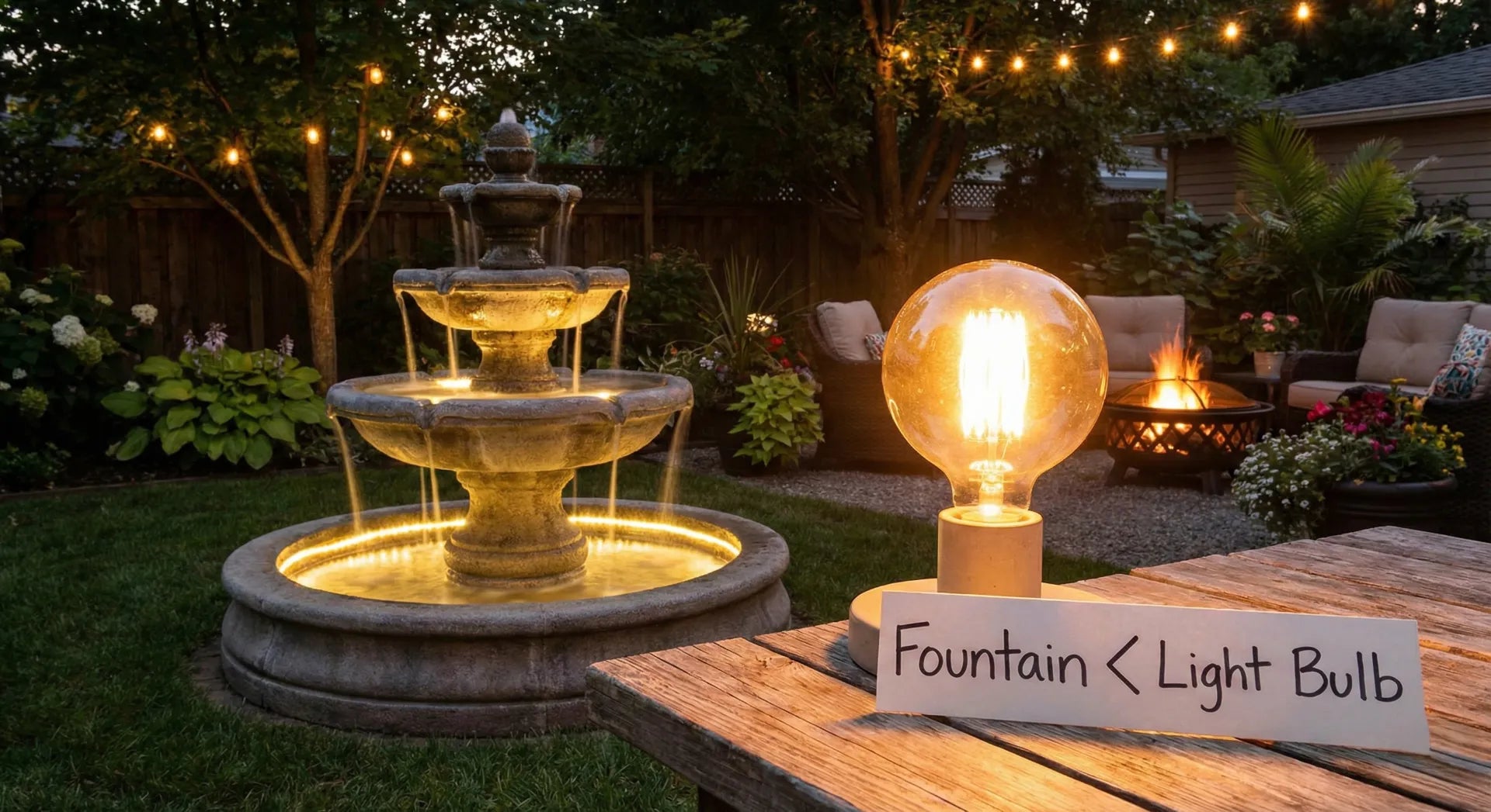 An illuminated stone outdoor fountain at night next to a glowing light bulb, illustrating that fountains consume very little electricity